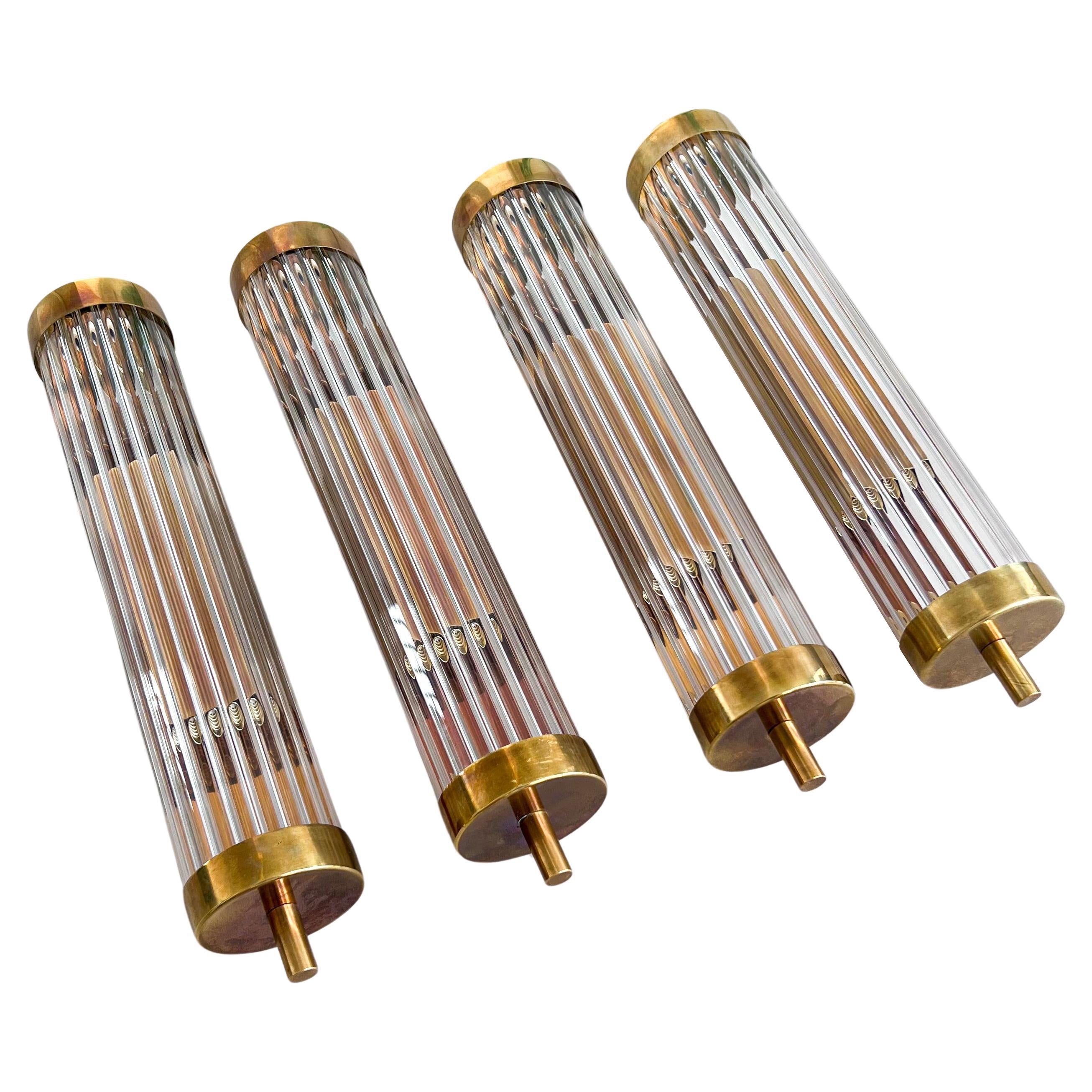 Set of Four Art Deco Wall Sconces in Brass and Fluted Glass, Chic Lighting