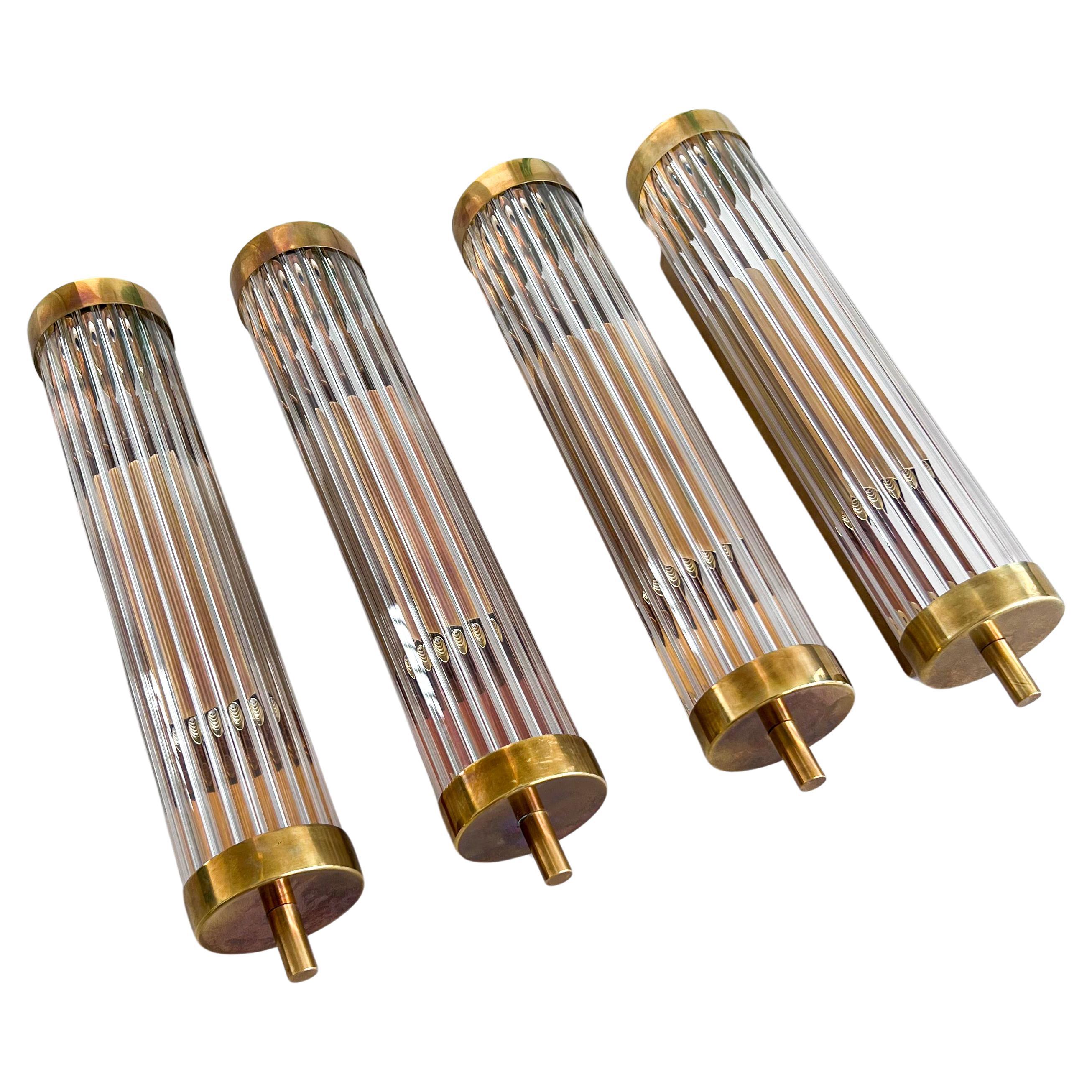 Set of Four Art Deco Wall Sconces in Brass and Fluted Glass, Chic Lighting For Sale