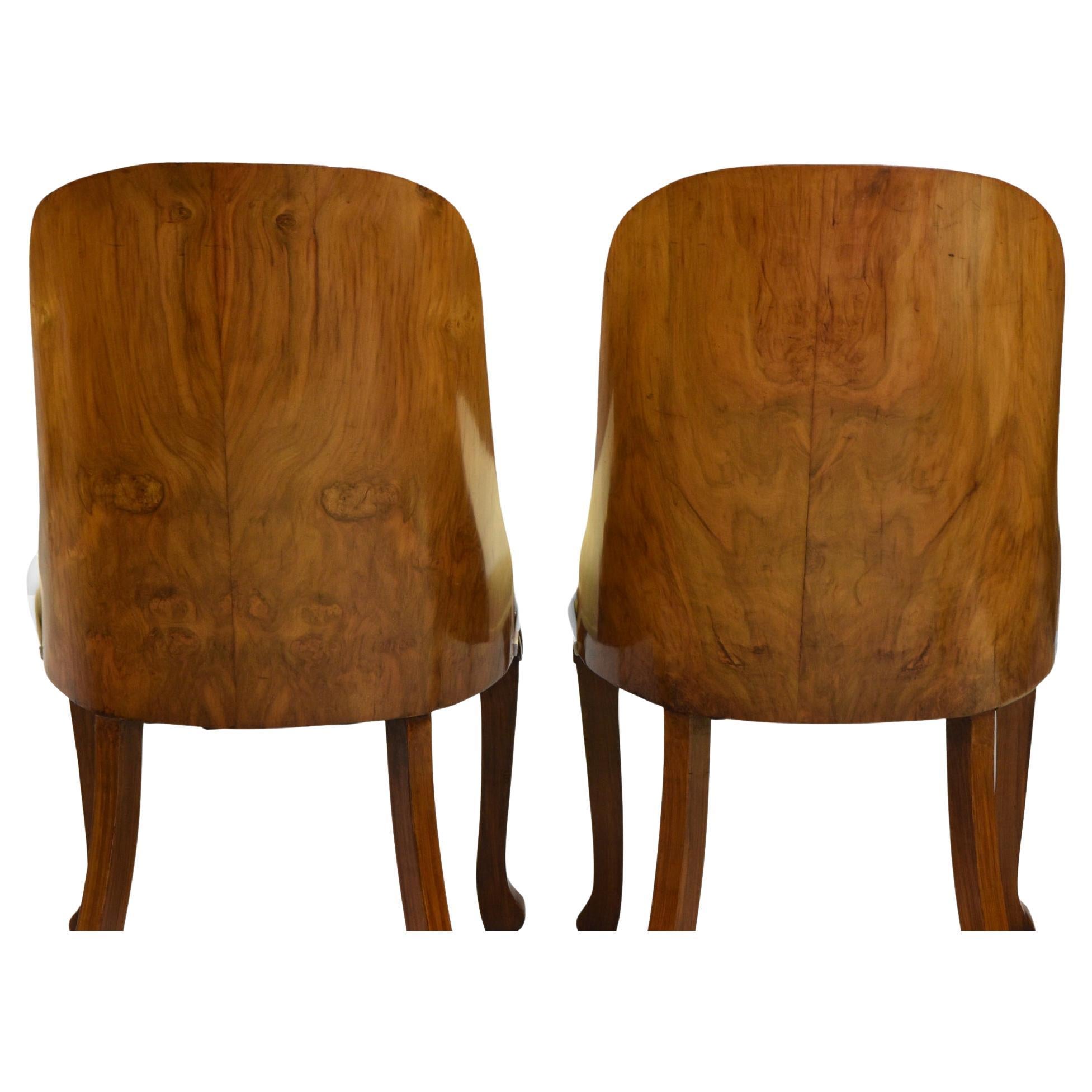British Set of Four Art Deco Walnut & Leather Tub Dining Chairs
