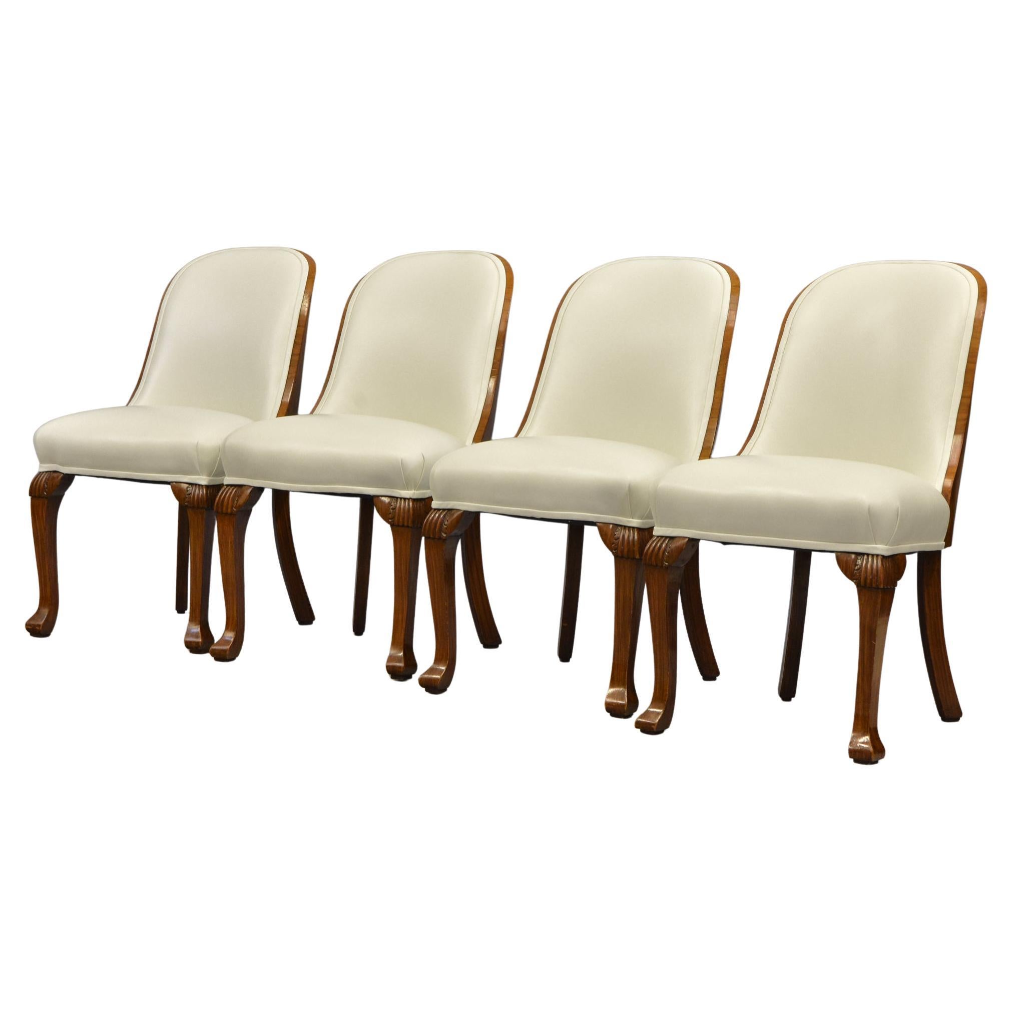 Set of Four Art Deco Walnut & Leather Tub Dining Chairs 3