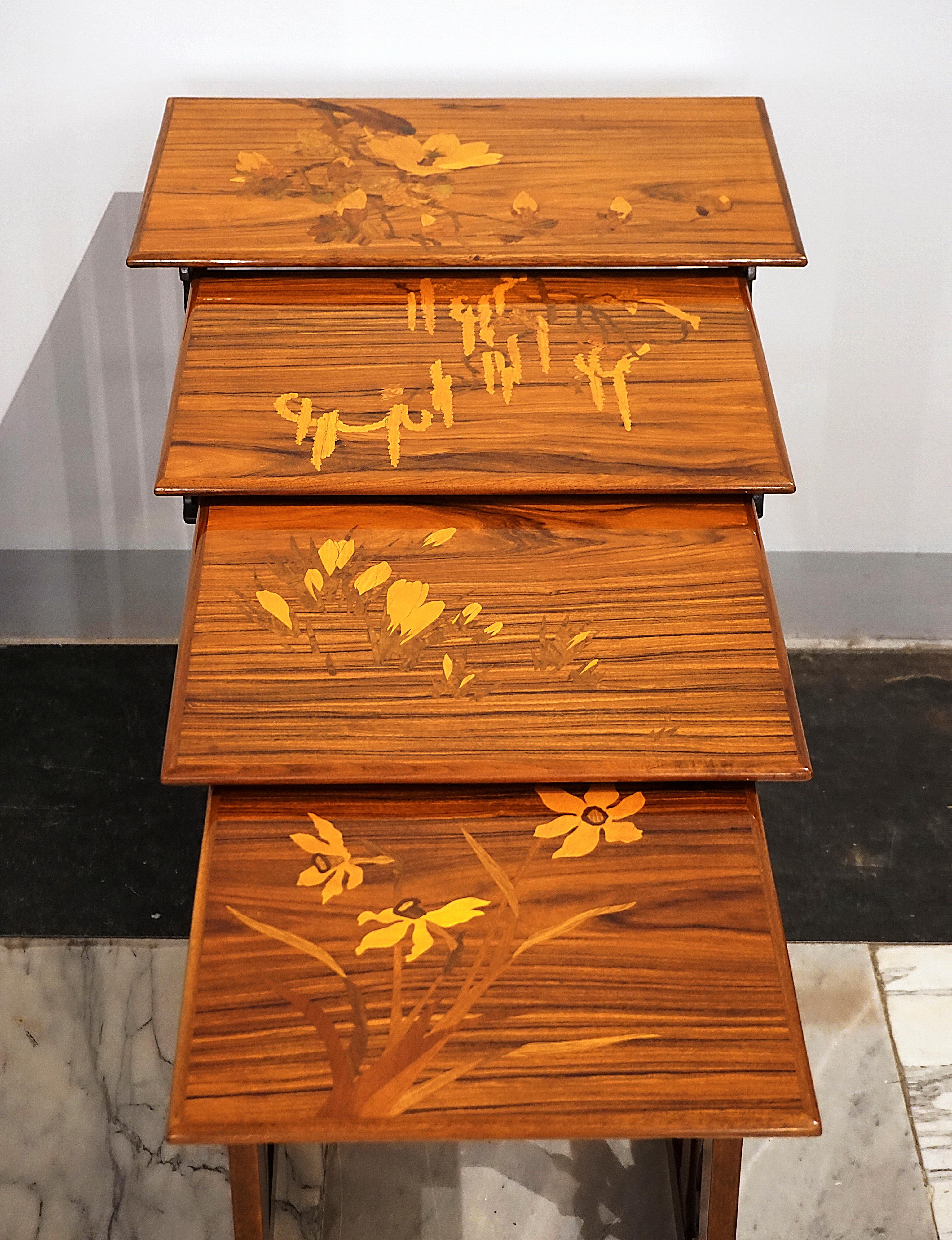 Polished Set Of Four Art Nouveau Nesting Marquetry Tables, By Émile Gallé France, Ca 1900 For Sale