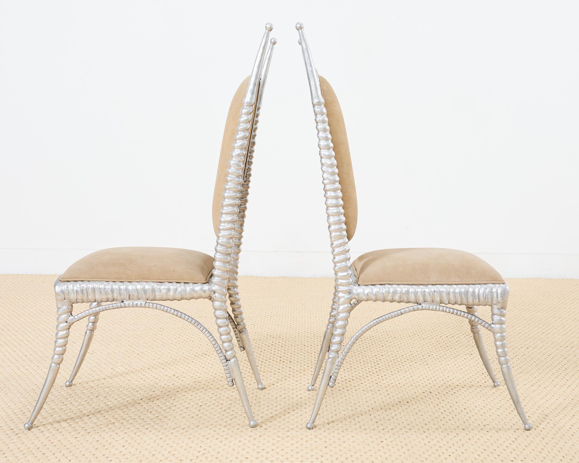 Set of Four Arthur Court Horned Antler Aluminum Dining Chairs For Sale 3