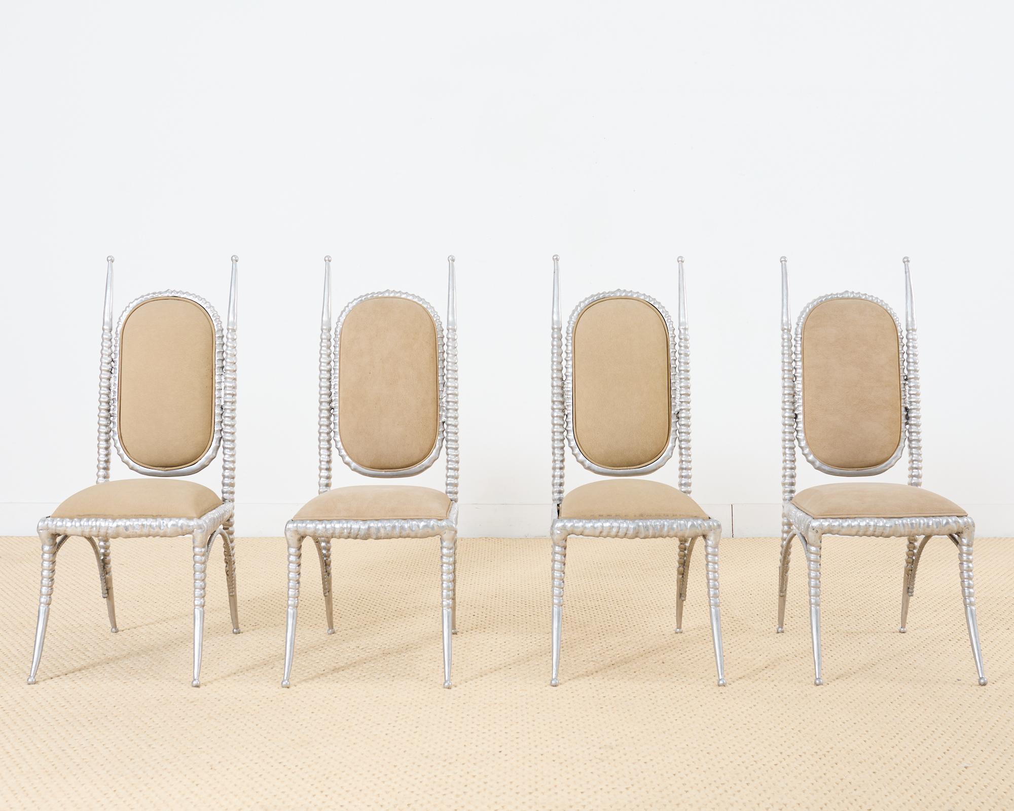 Mid-Century Modern Set of Four Arthur Court Horned Antler Aluminum Dining Chairs For Sale