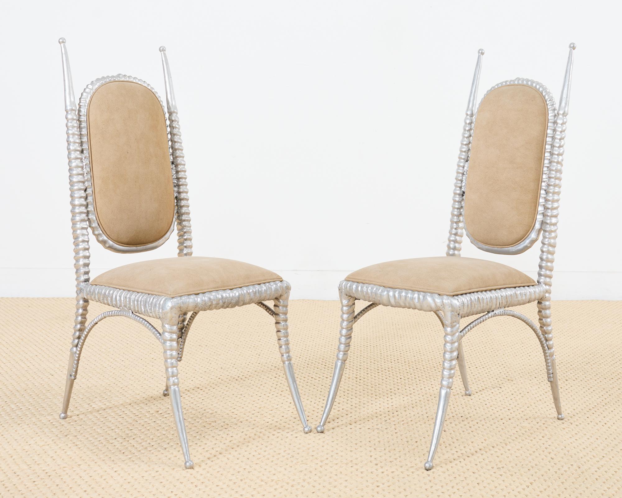 American Set of Four Arthur Court Horned Antler Aluminum Dining Chairs For Sale