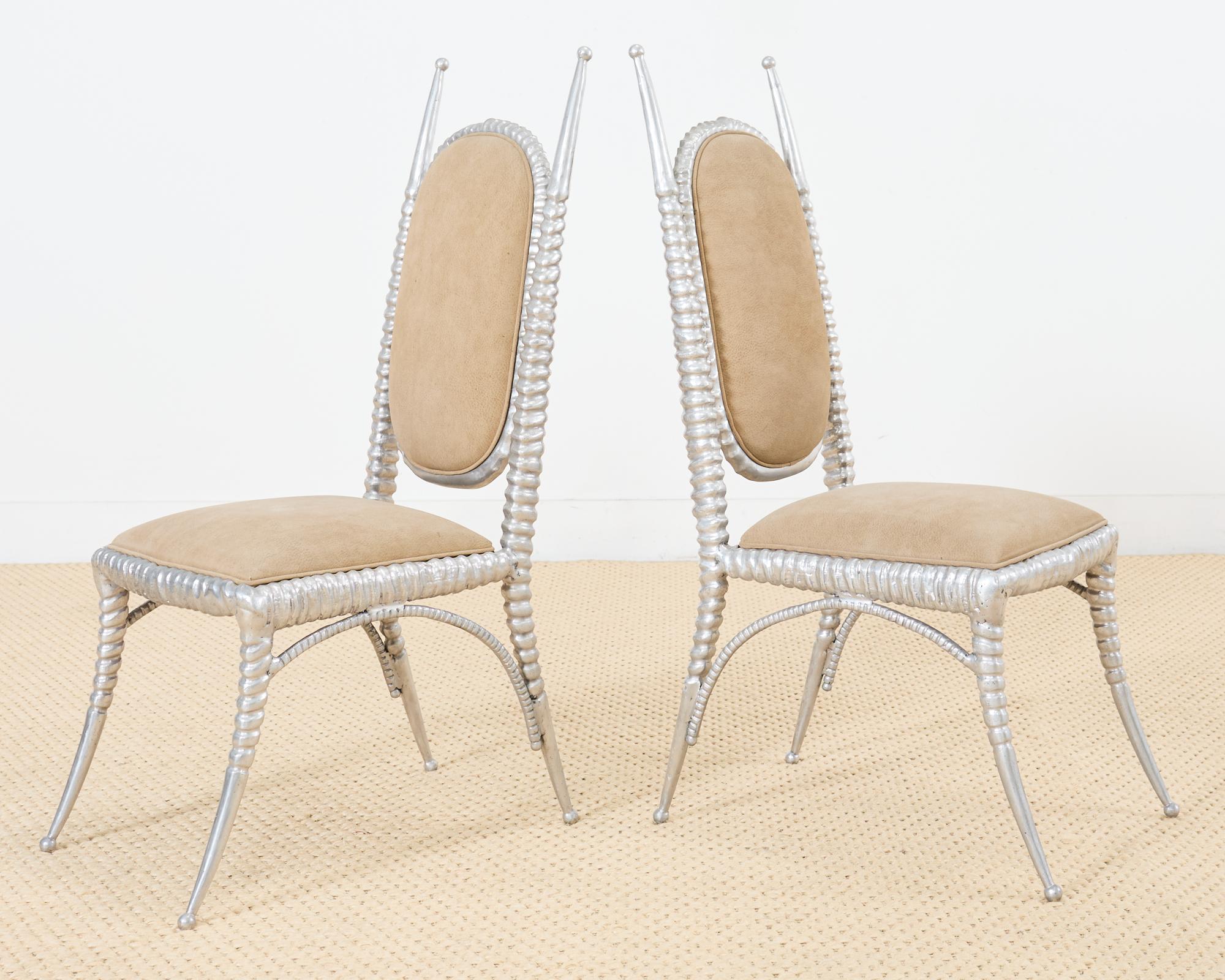 Set of Four Arthur Court Horned Antler Aluminum Dining Chairs For Sale 2