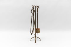 Set of Four Arts & Crafts Hand-Forged Iron Fire Utensils on a Matching Stand