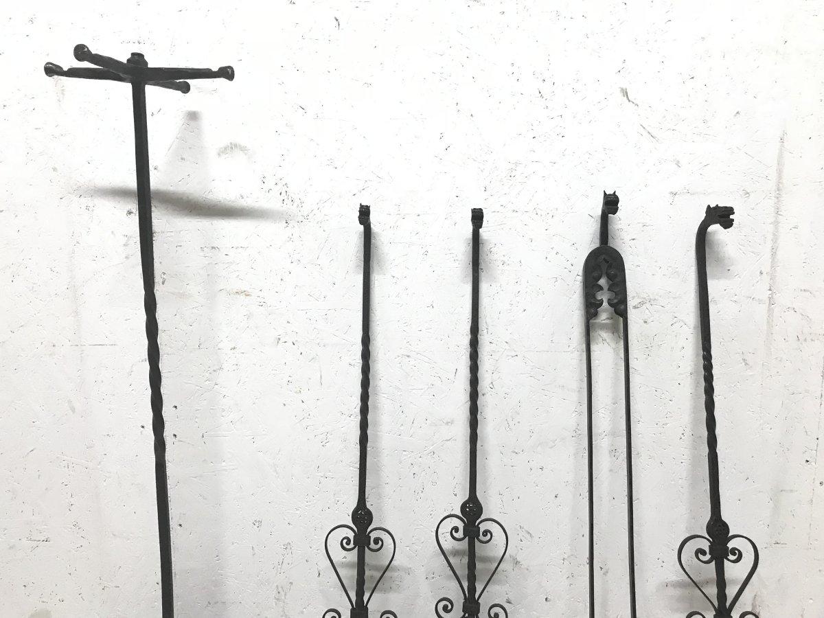 Arts and Crafts Set of Four Arts & Crafts Hand-Forged Iron Fire Utensils on a Matching Stand