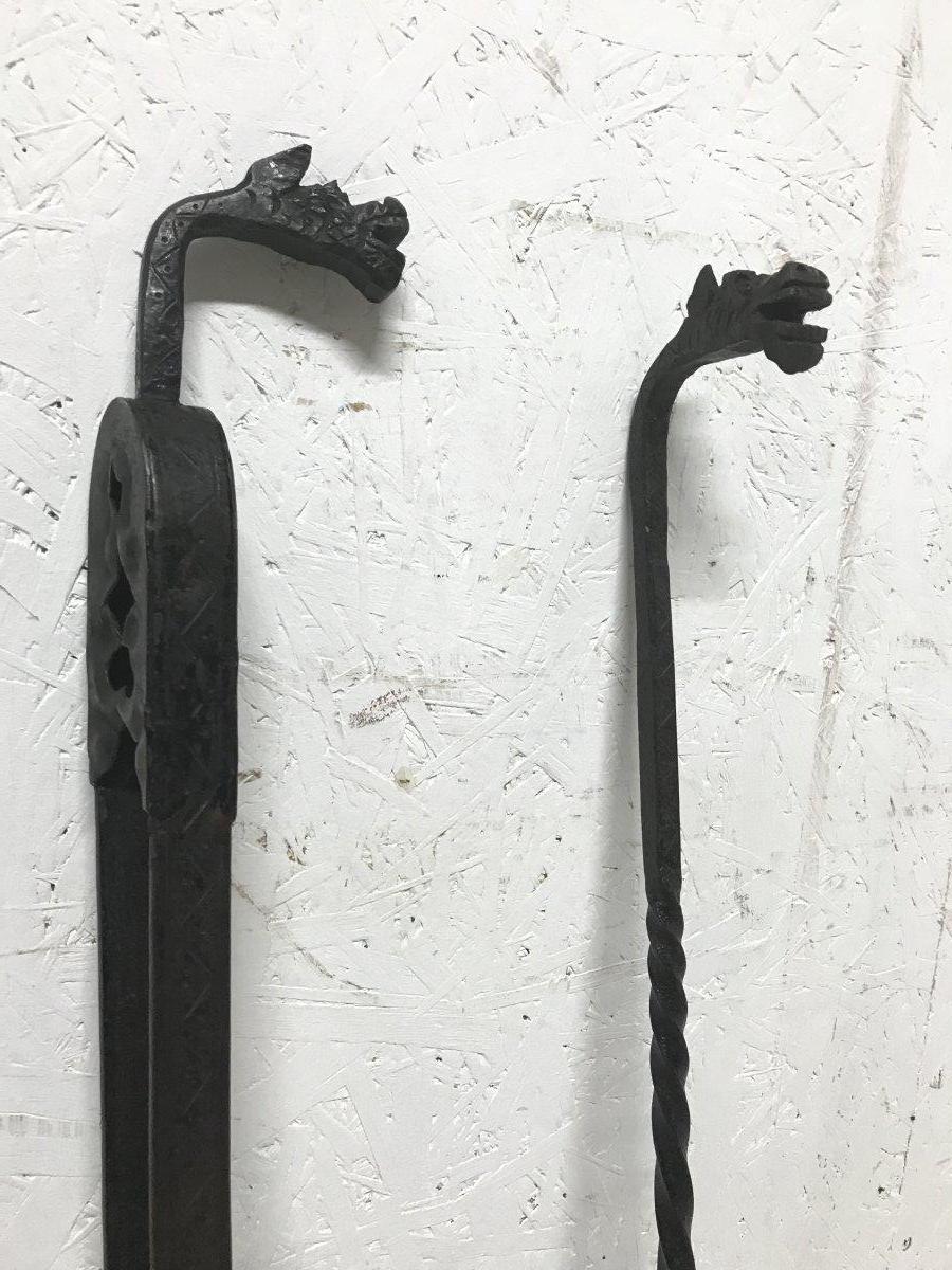 Early 20th Century Set of Four Arts & Crafts Hand-Forged Iron Fire Utensils on a Matching Stand