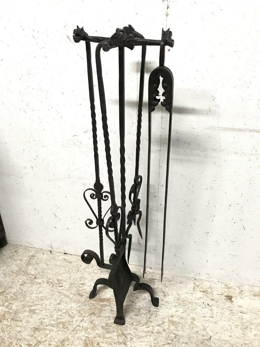 Set of Four Arts & Crafts Hand-Forged Iron Fire Utensils on a Matching Stand 1