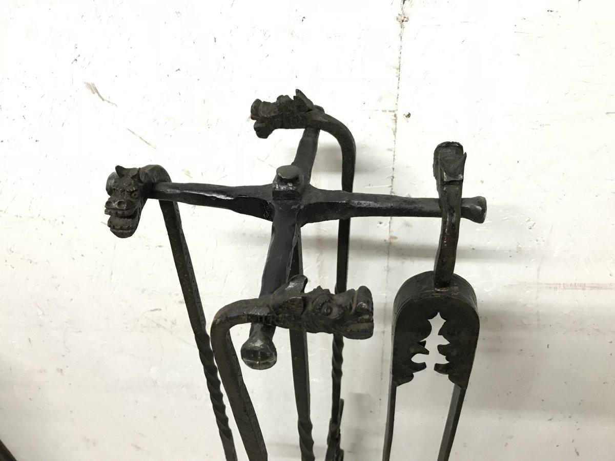 Set of Four Arts & Crafts Hand-Forged Iron Fire Utensils on a Matching Stand 2