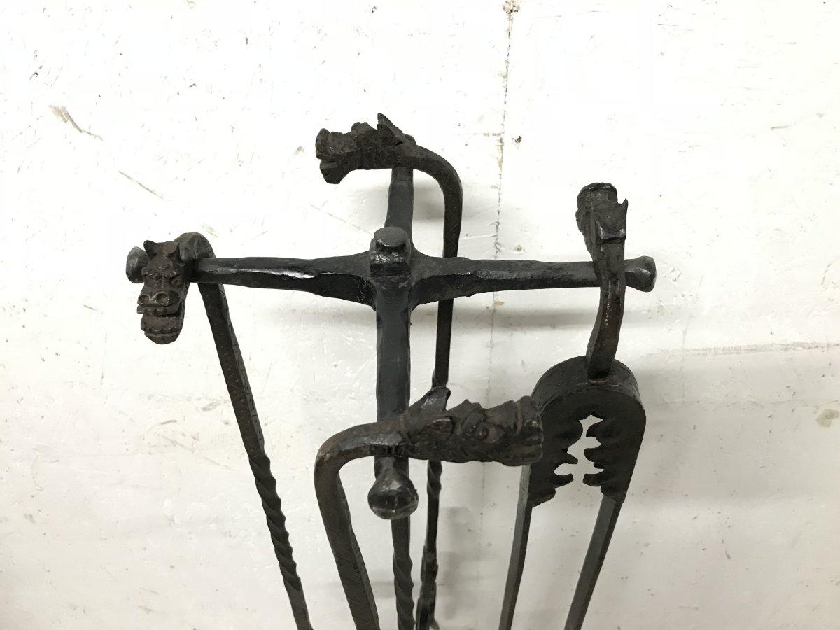 Set of Four Arts & Crafts Hand-Forged Iron Fire Utensils on a Matching Stand 3