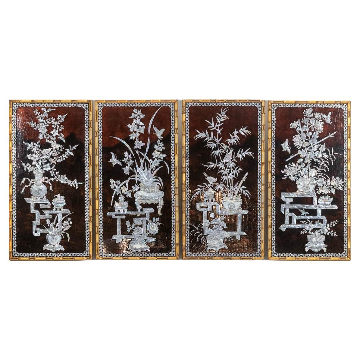 Set of four Asian-style lacquer panels. 1950s. For Sale