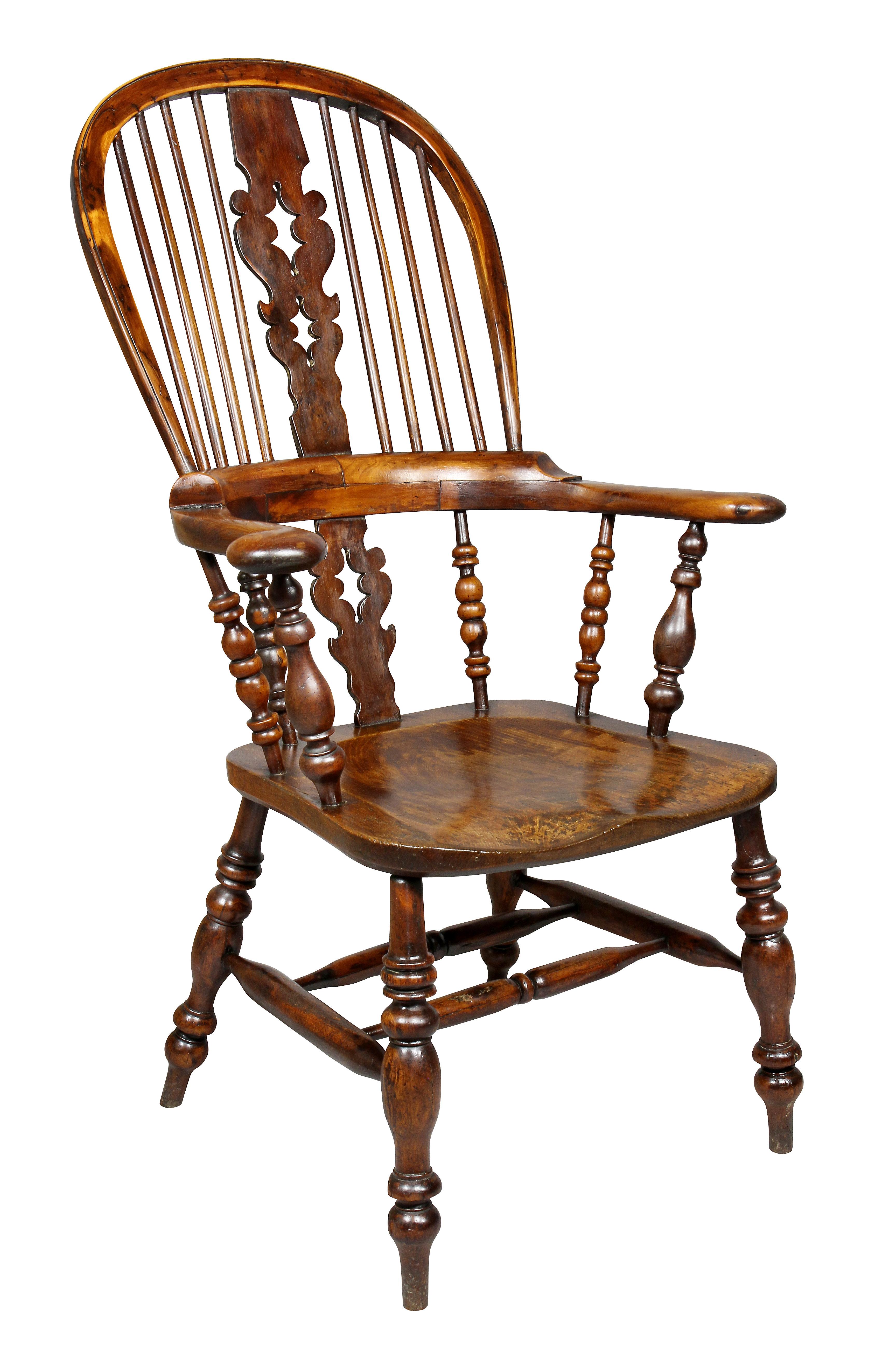Each with an arched back and central splat with tree form cutout, arms with curved out arms, saddle seat raised on turned legs and H form stretchers. Provenance; Estate of John Volk noted Palm Beach architect.