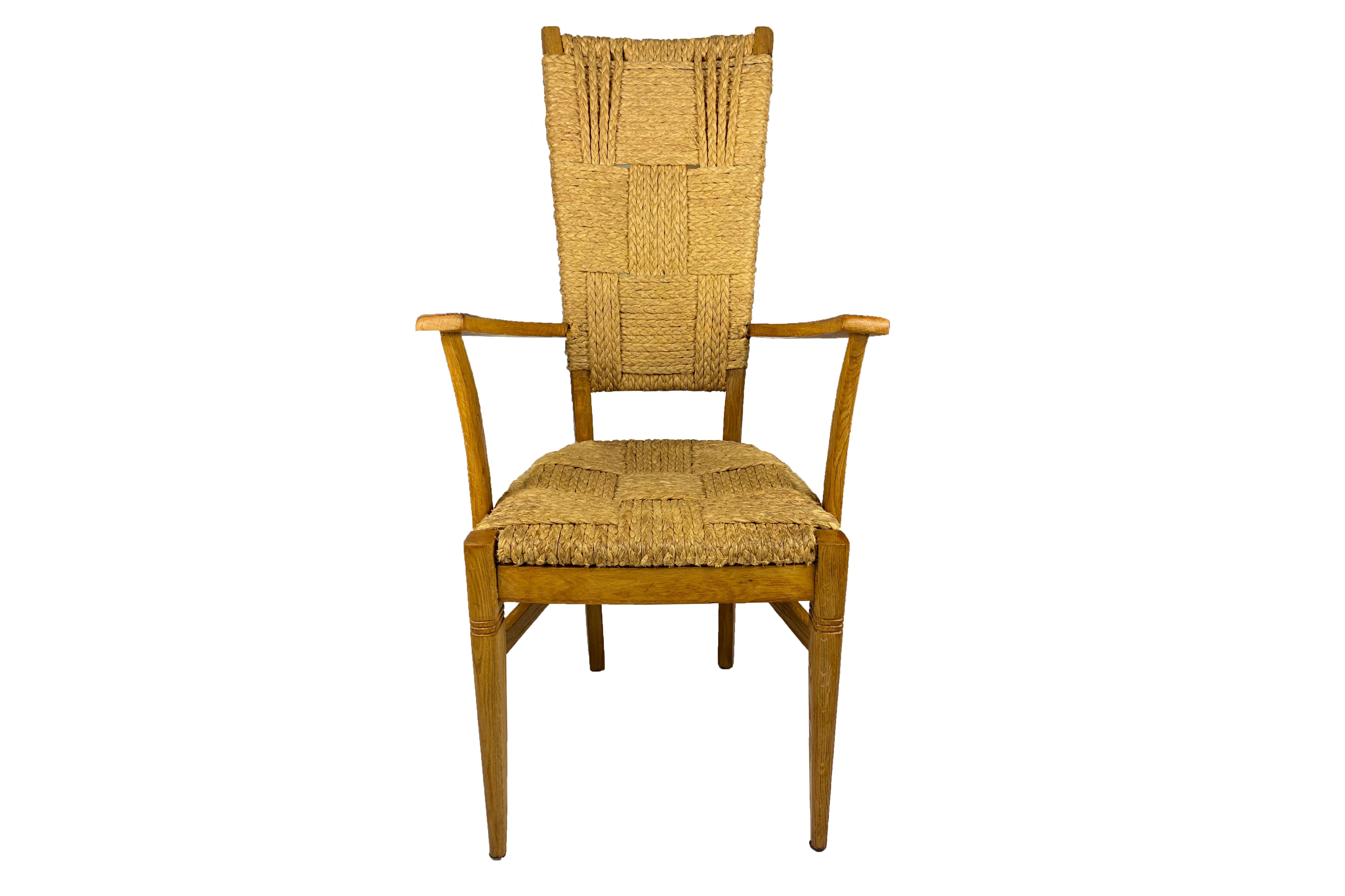 Set of four Audoux et Minet Armchairs.
Made with bentwood and rope.
Very unique set
Each with signed designer & manufacturer's plate,
Circa 1950, France.
Very good vintage condition.
Adrien Audoux and Frida Minet were a French couple and
