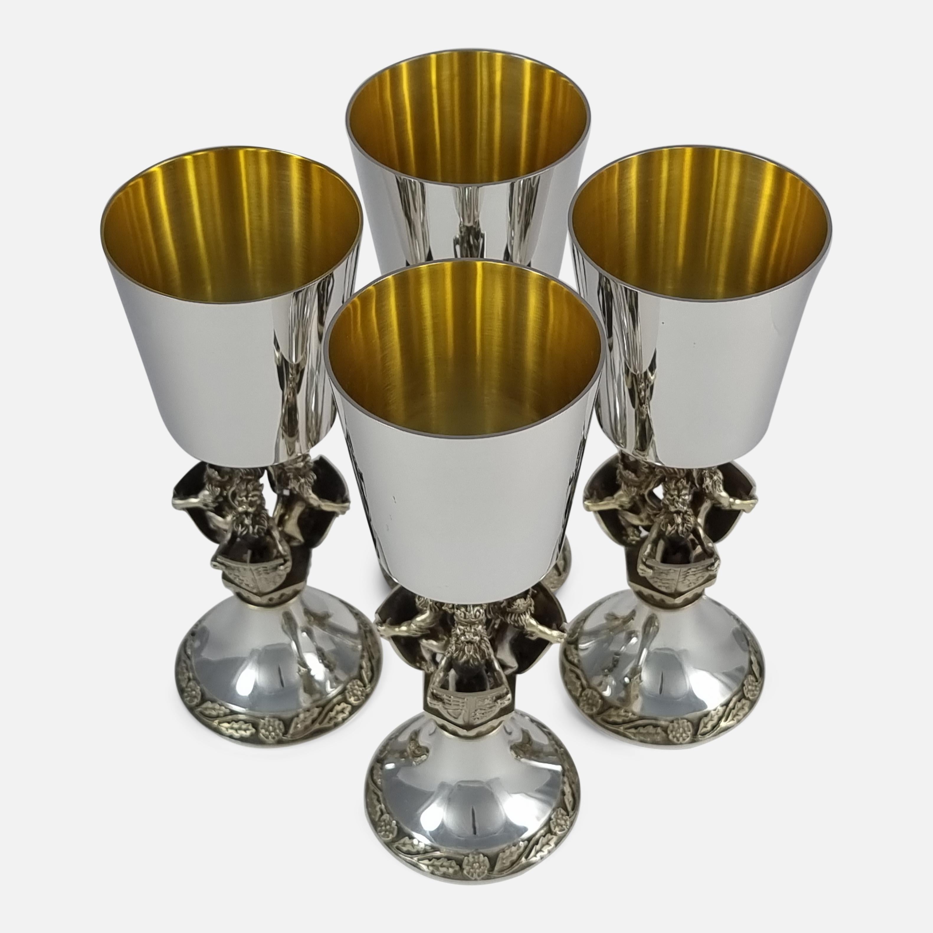 British Set of Four Aurum Silver Gilt 'College of Arms' Goblets, Hector Miller, 1984 For Sale