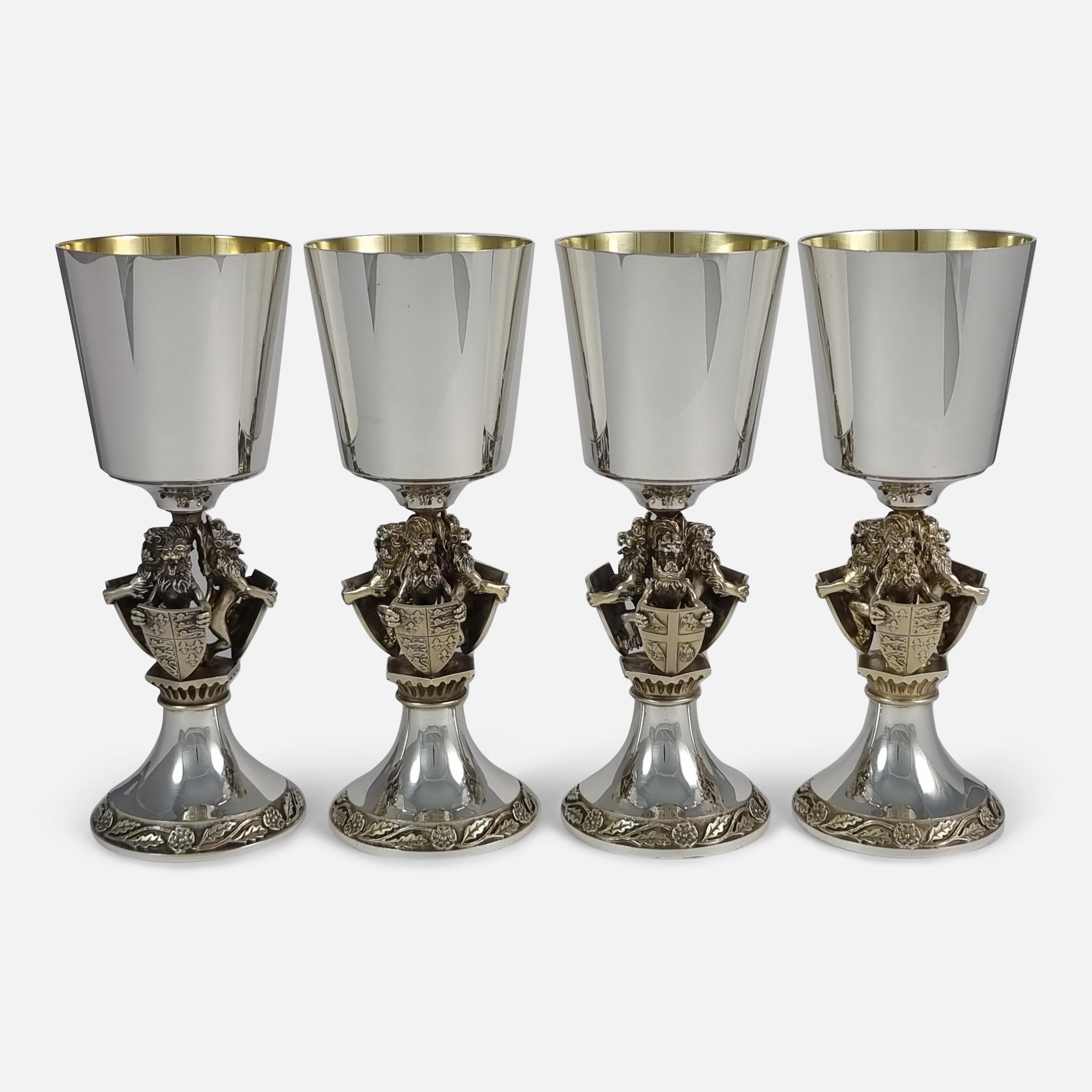 Set of Four Aurum Silver Gilt 'College of Arms' Goblets, Hector Miller, 1984 In Good Condition For Sale In Glasgow, GB