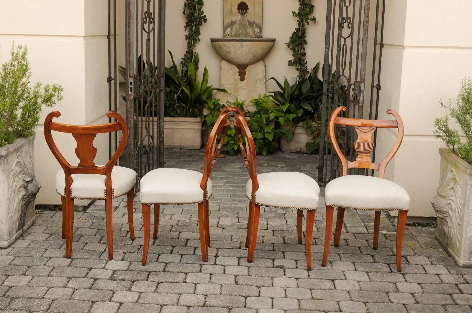 19th Century Set of Four Austrian Biedermeier Side Chairs with Lyre Shaped Backs, circa 1850 For Sale
