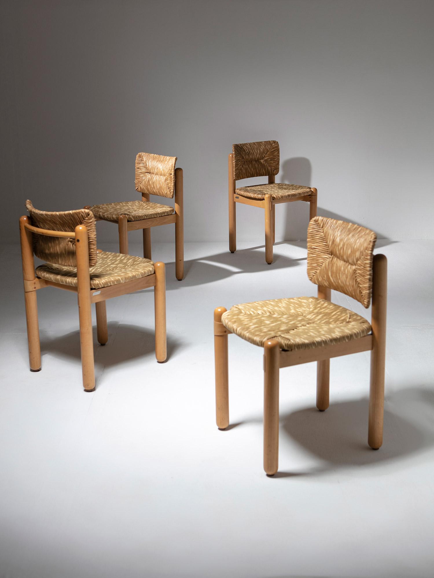 Set of four Baba chairs by Assostudio for Pozzi & Verga.
Chunky beech wood frame and natural fiber weaving pads.