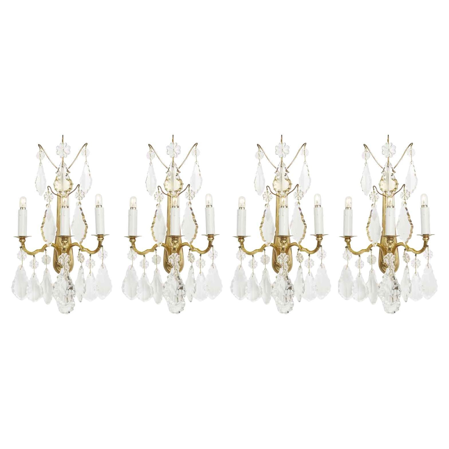 Set of Four Baccarat Crystal Sconces 20th Century French Gilt Wall Lights