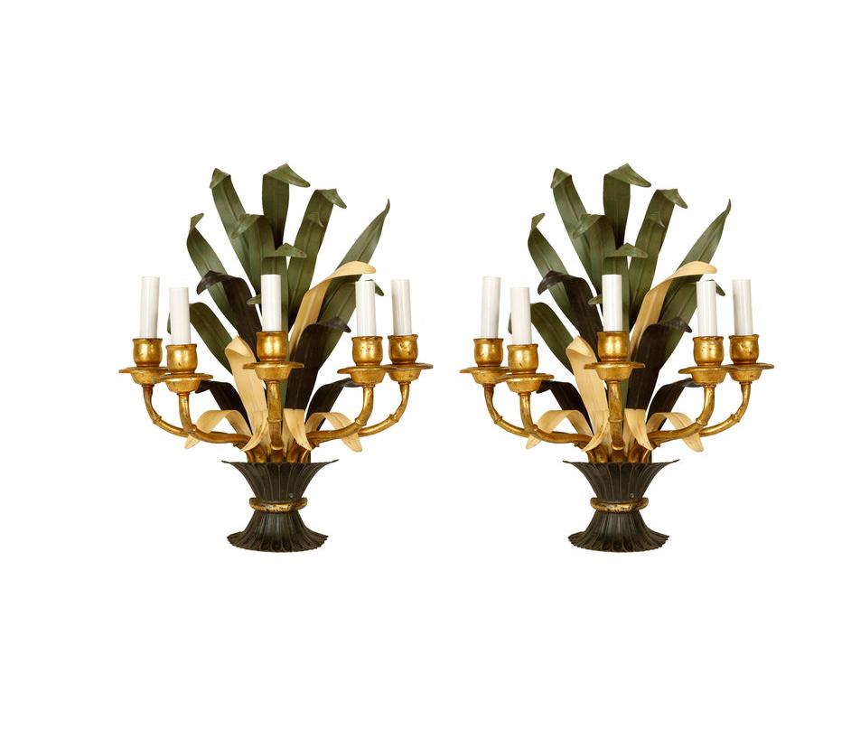 Painted Set of Four French Tole Foliate Sconces