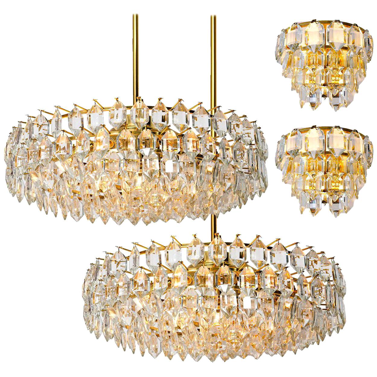 Set of Four Bakalowits Light Fixtures, Brass and Crystal Glass, Austria, 1960s For Sale