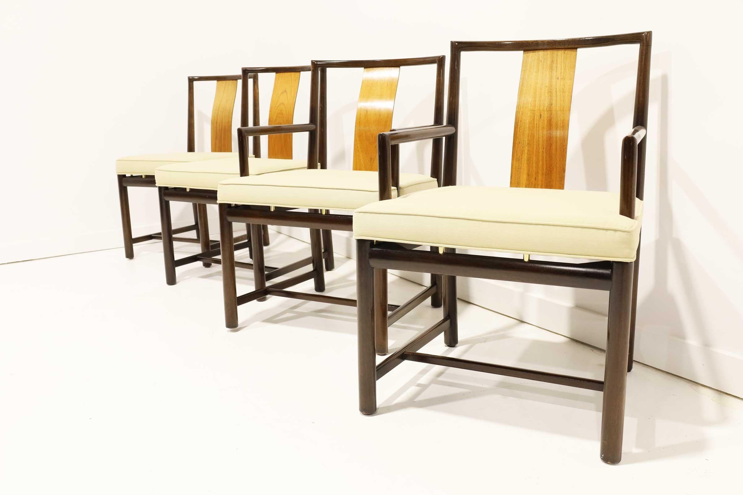 Mahogany frames with walnut slats and brass mounts. Arm chairs are 32.5