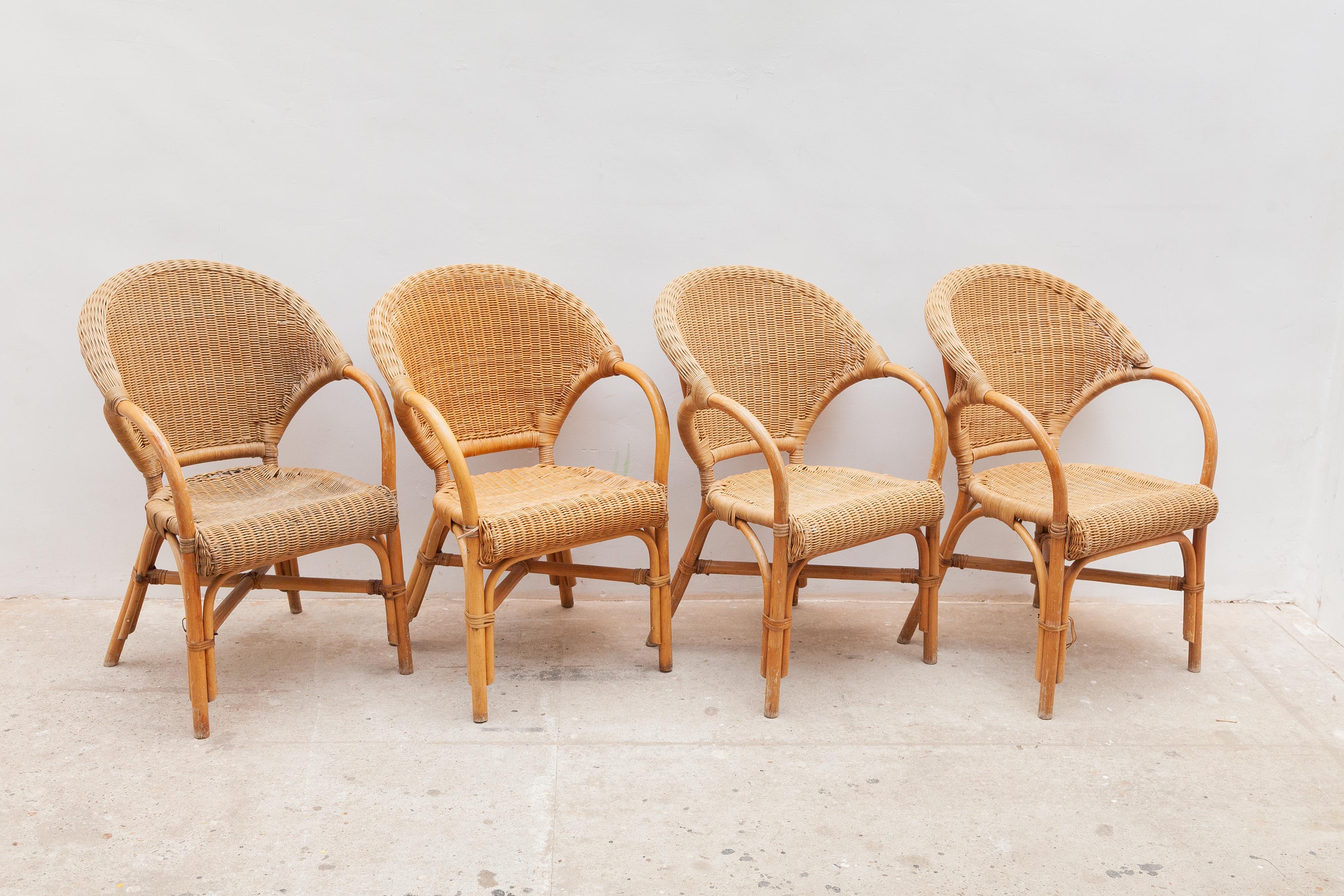 Mid-Century Modern Set of Four Bamboo Arm Chairs