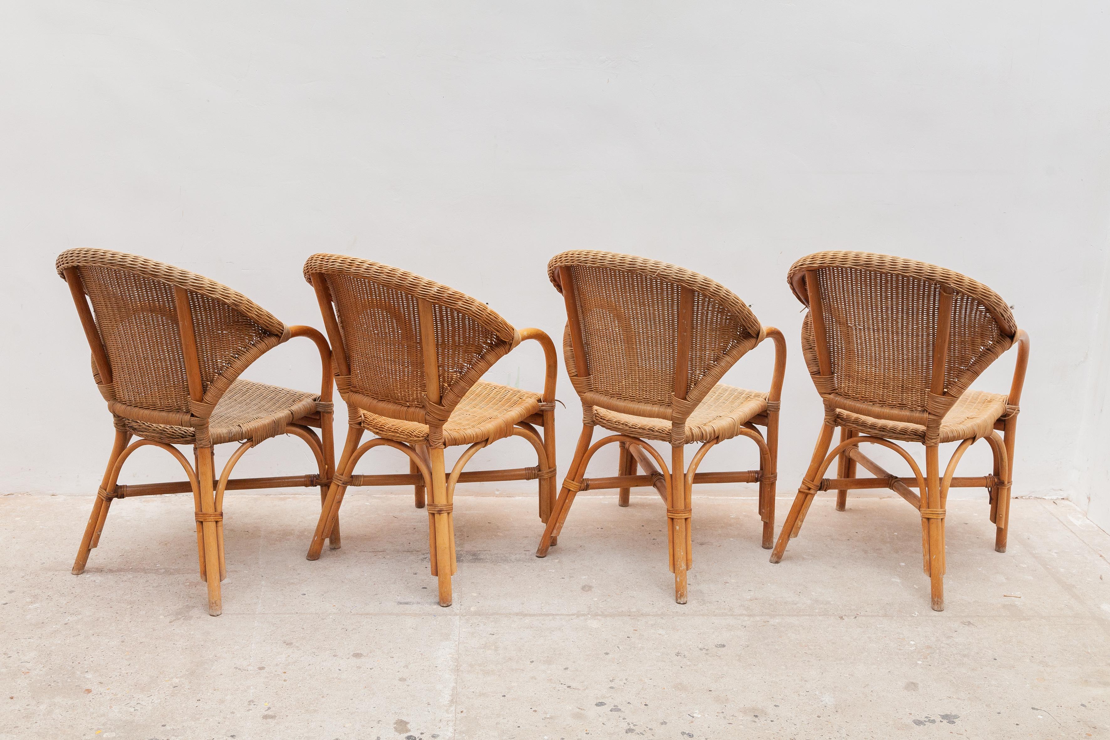 Hand-Crafted Set of Four Bamboo Arm Chairs