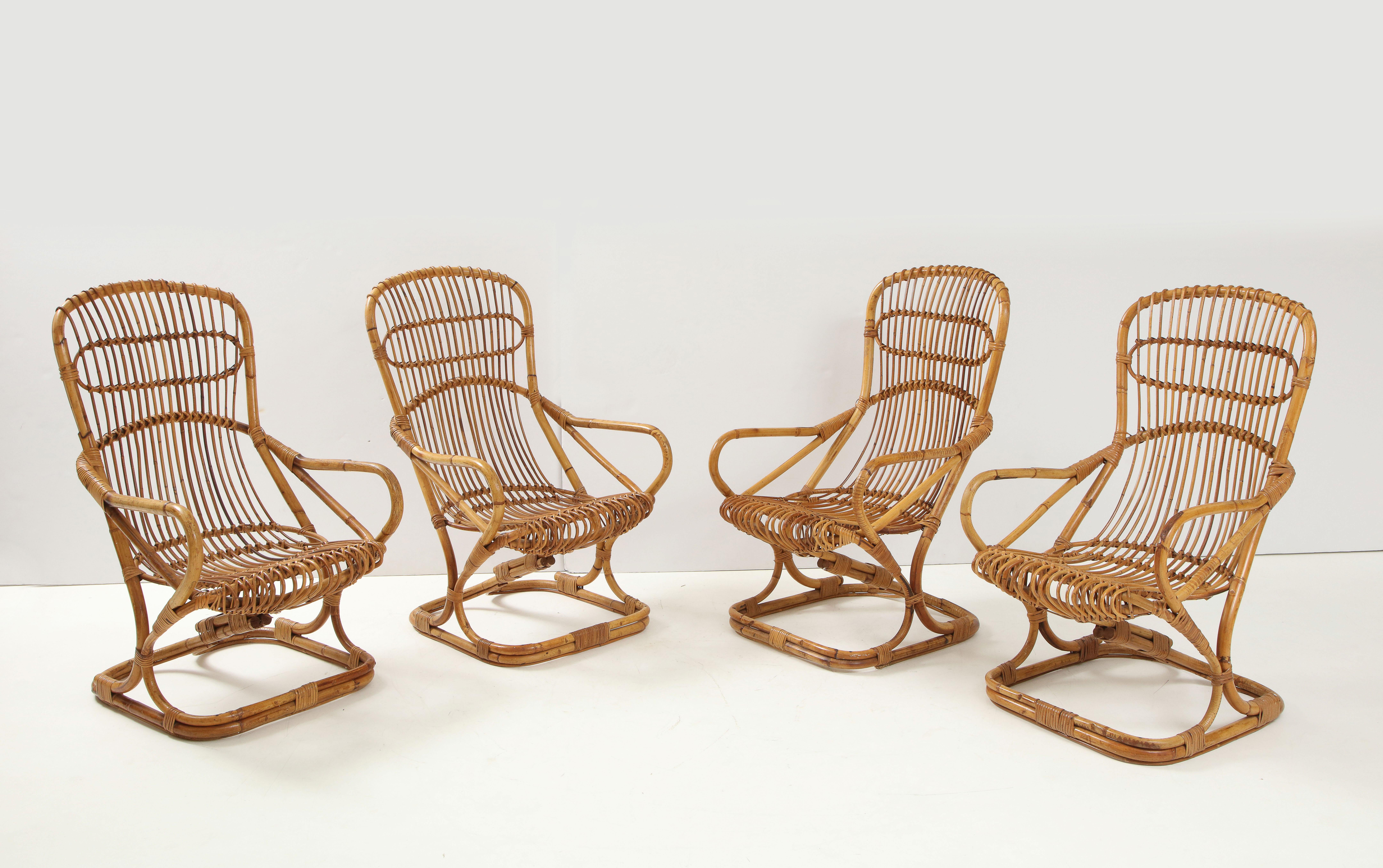 Set of Four Bamboo Armchairs and Table by Bonacina, Italy 1960's In Good Condition For Sale In New York, NY