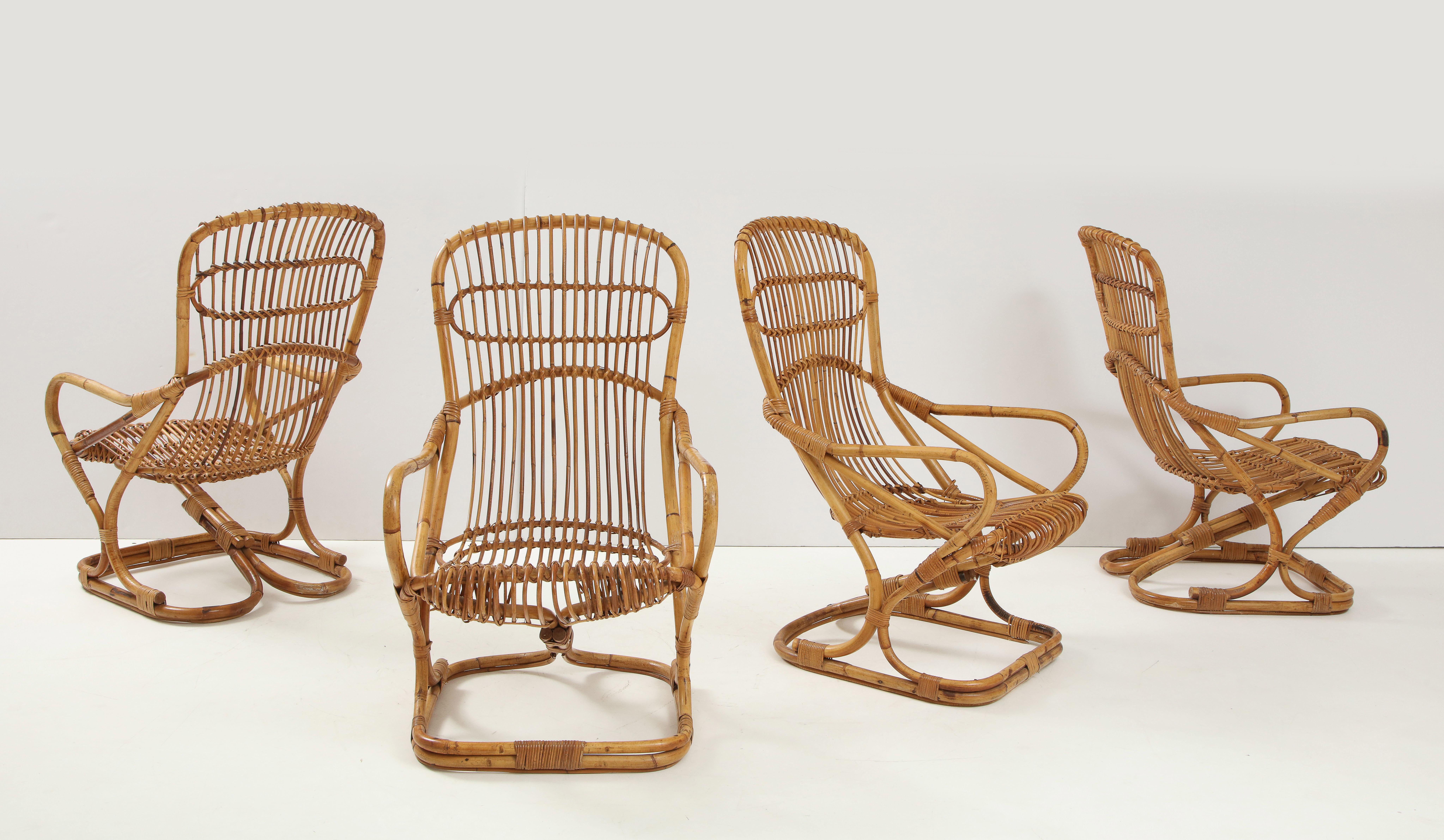 Mid-20th Century Set of Four Bamboo Armchairs and Table by Bonacina, Italy 1960's For Sale