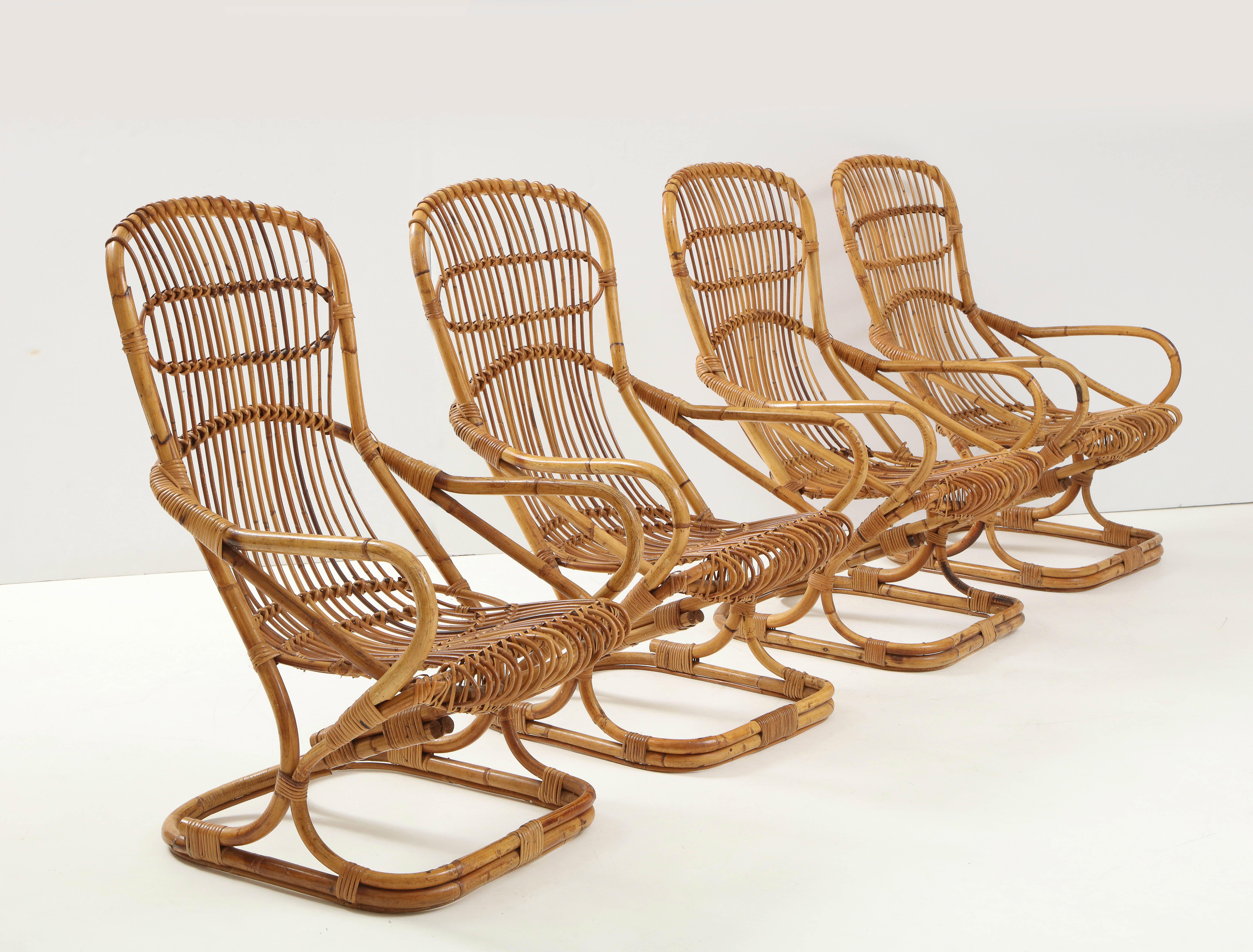Set of Four Bamboo Armchairs and Table by Bonacina, Italy 1960's For Sale 1