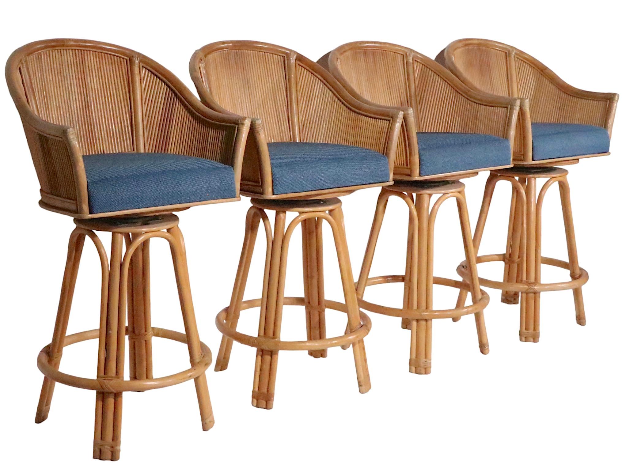 Set of Four Bamboo  Counter Height Swivel Stools with Upholstered Pad Seats  3