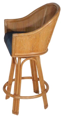 Set of Four Bamboo  Counter Height Swivel Stools with Upholstered Pad Seats