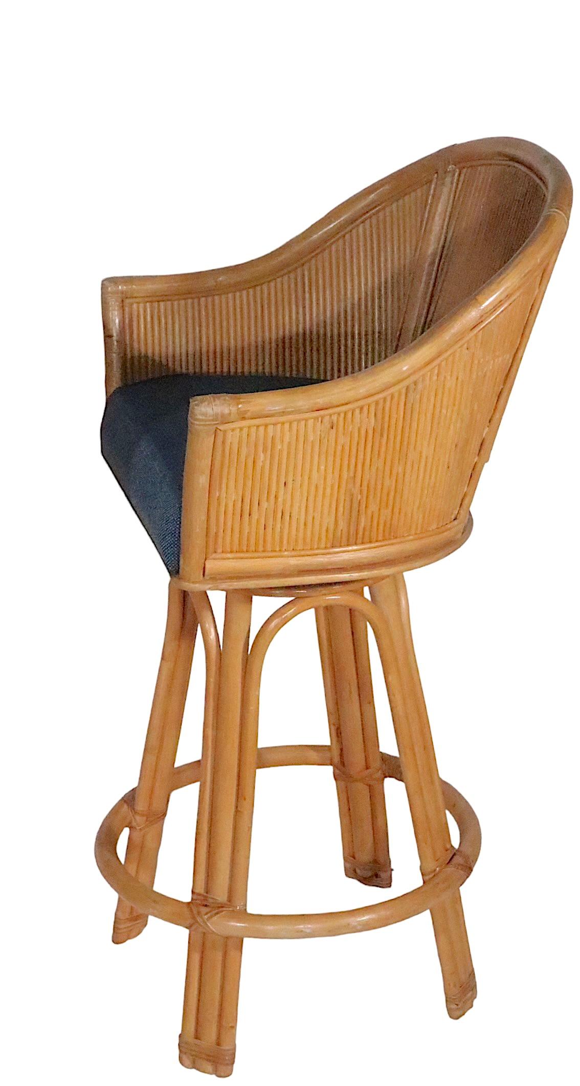 Mid-Century Modern Set of Four Bamboo  Counter Height Swivel Stools with Upholstered Pad Seats 