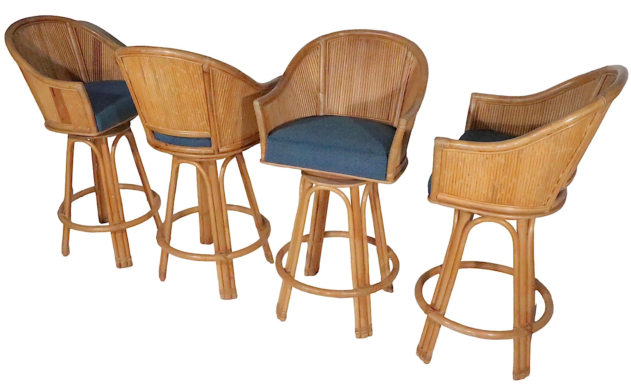 American Set of Four Bamboo  Counter Height Swivel Stools with Upholstered Pad Seats 