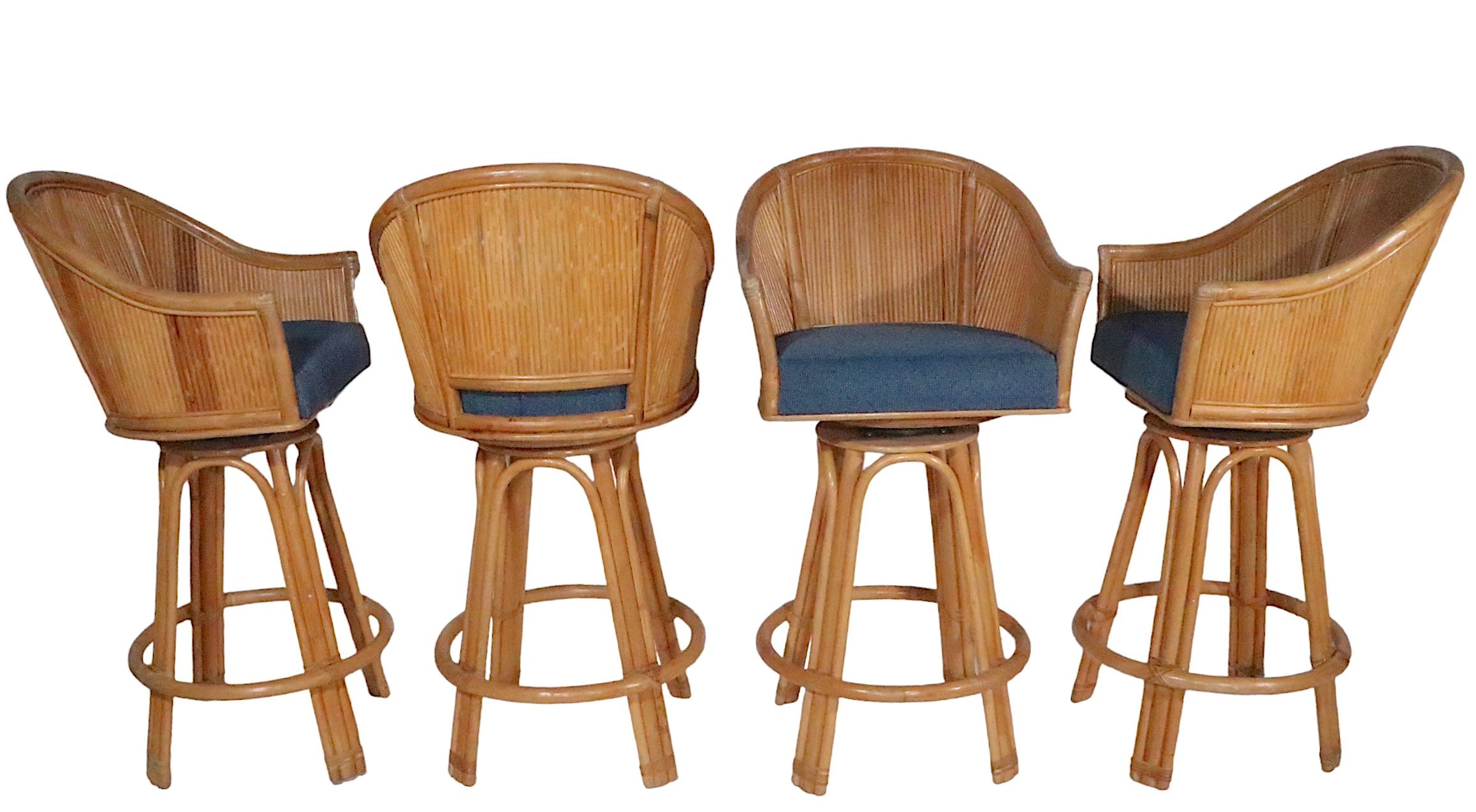 Set of Four Bamboo  Counter Height Swivel Stools with Upholstered Pad Seats  In Good Condition In New York, NY