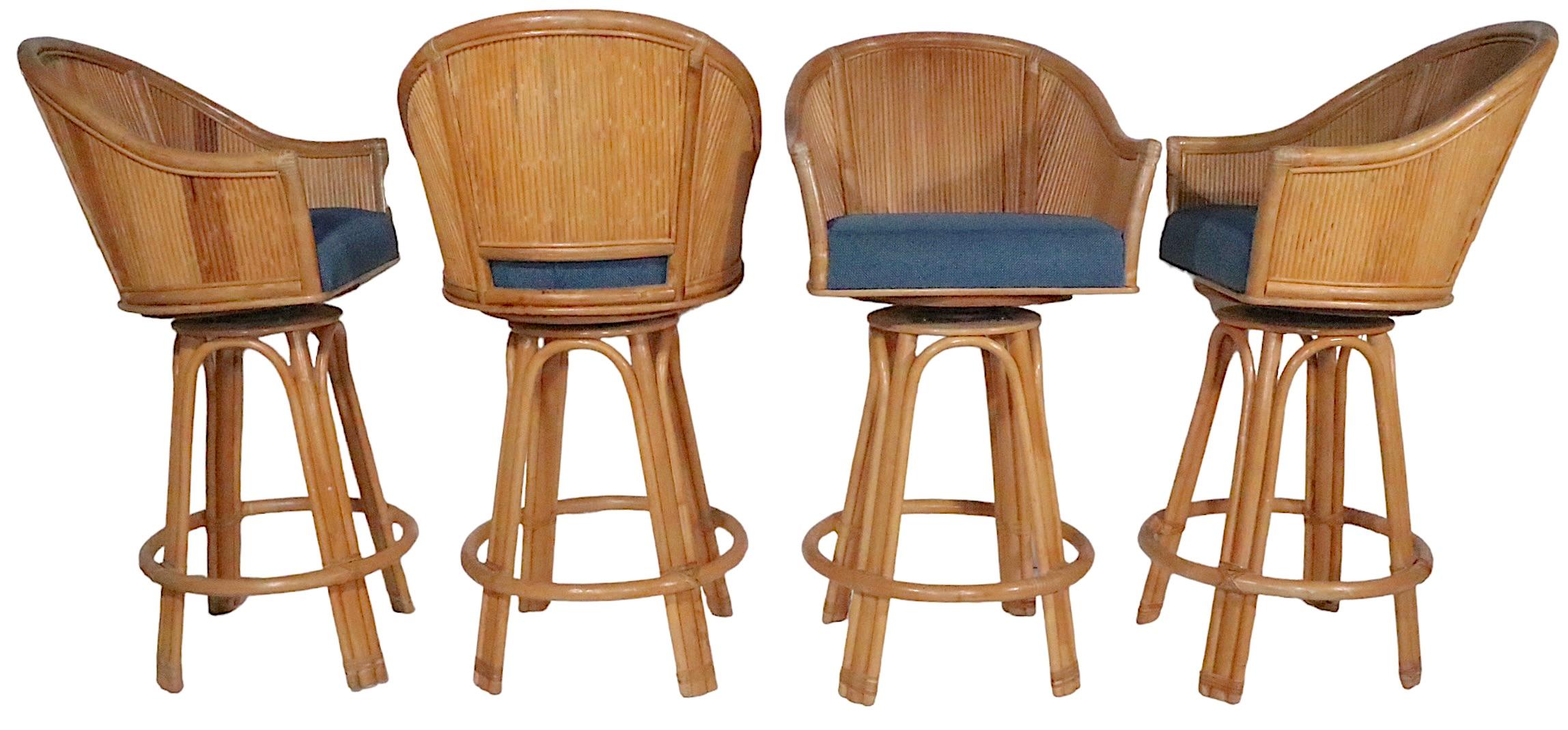 20th Century Set of Four Bamboo  Counter Height Swivel Stools with Upholstered Pad Seats 