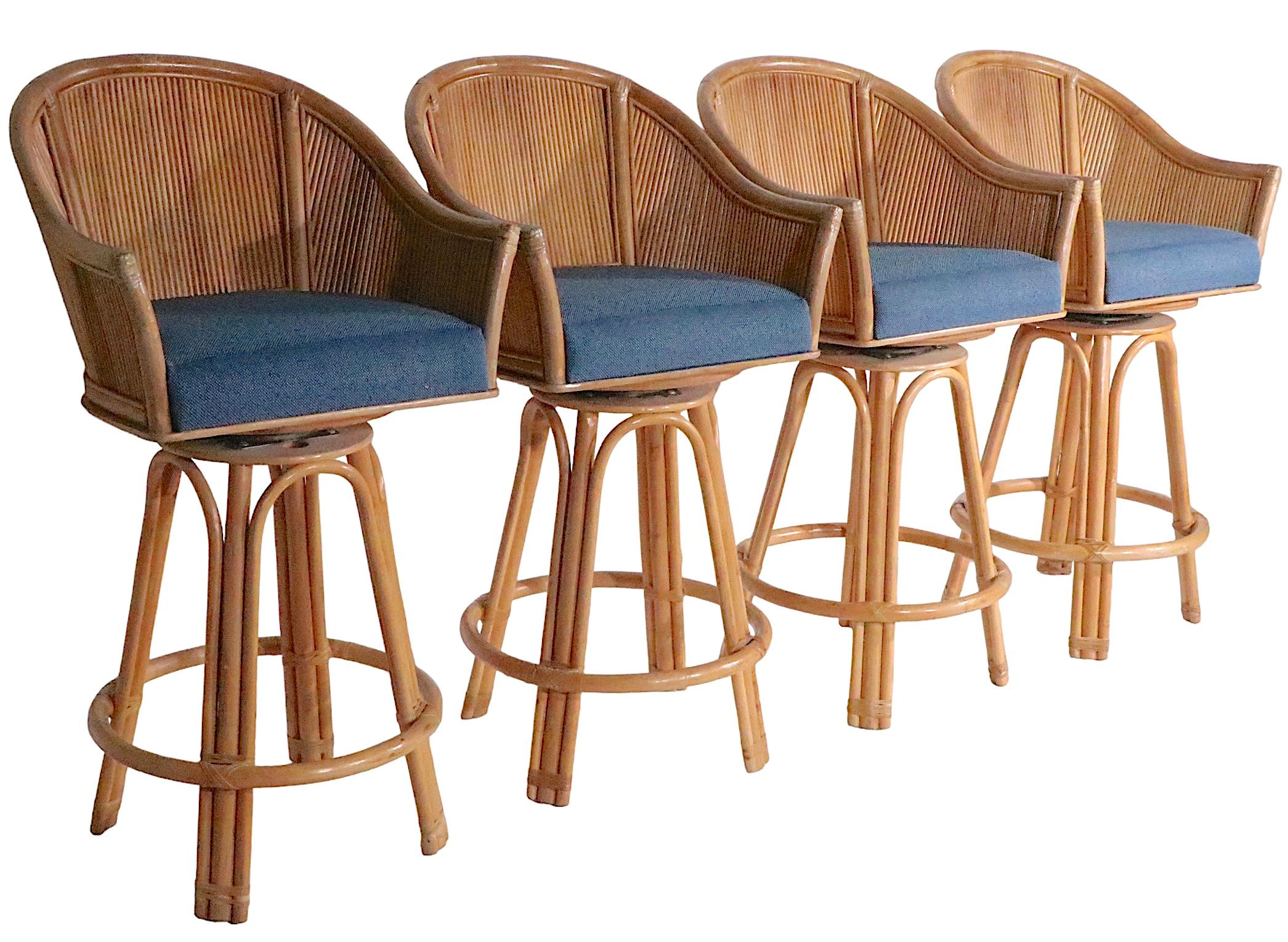 Upholstery Set of Four Bamboo  Counter Height Swivel Stools with Upholstered Pad Seats 