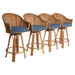 Set of Four Bamboo  Counter Height Swivel Stools with Upholstered Pad Seats 