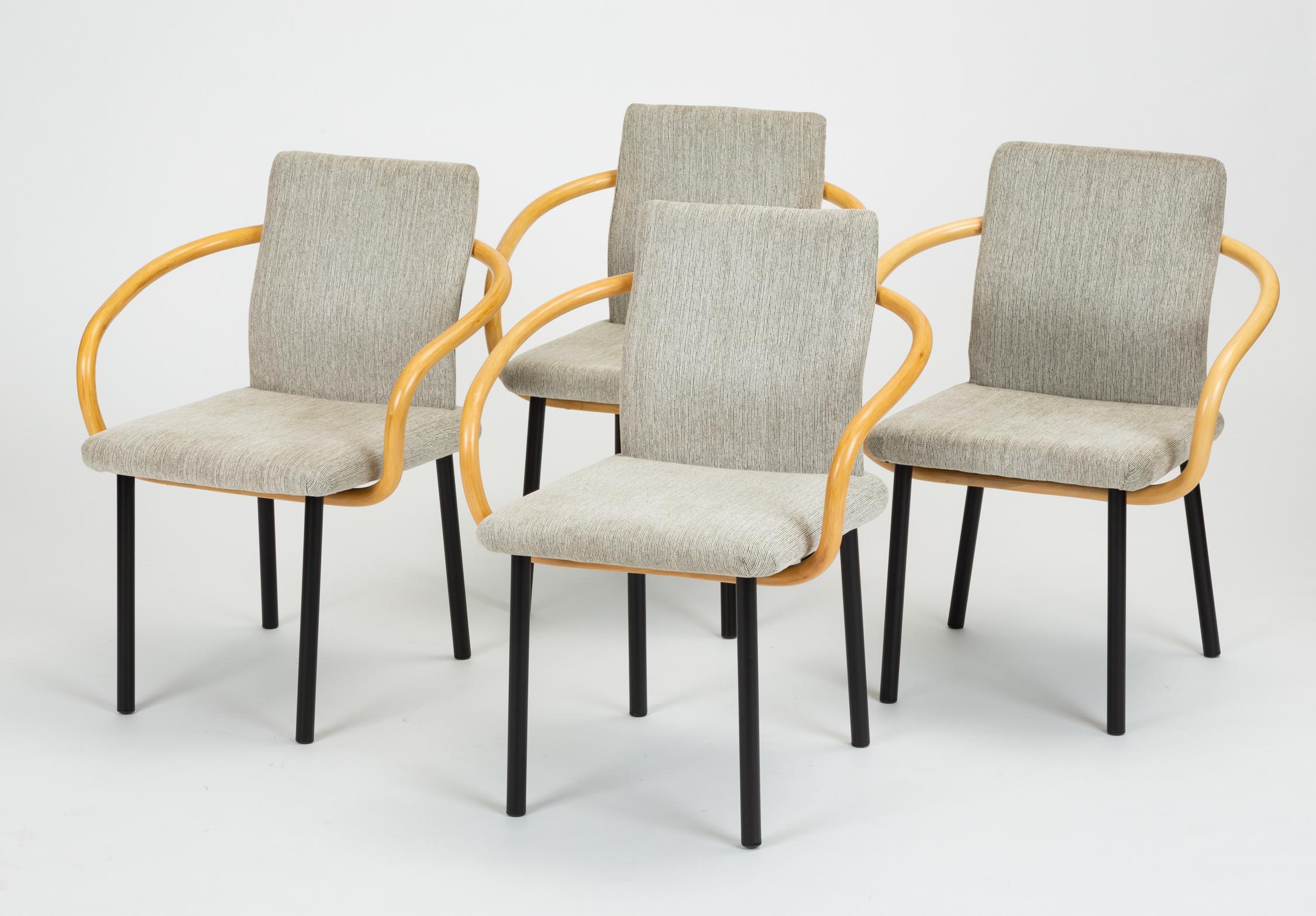 A 1986 design by Ettore Sottsass for Knoll, the Mandarin Chair has a curved back- and armrest, upholstered seat, and four round legs in enameled metal. A slight wave in the backrest gives it an ergonomic swell. The chair plays equally to Sottsass’
