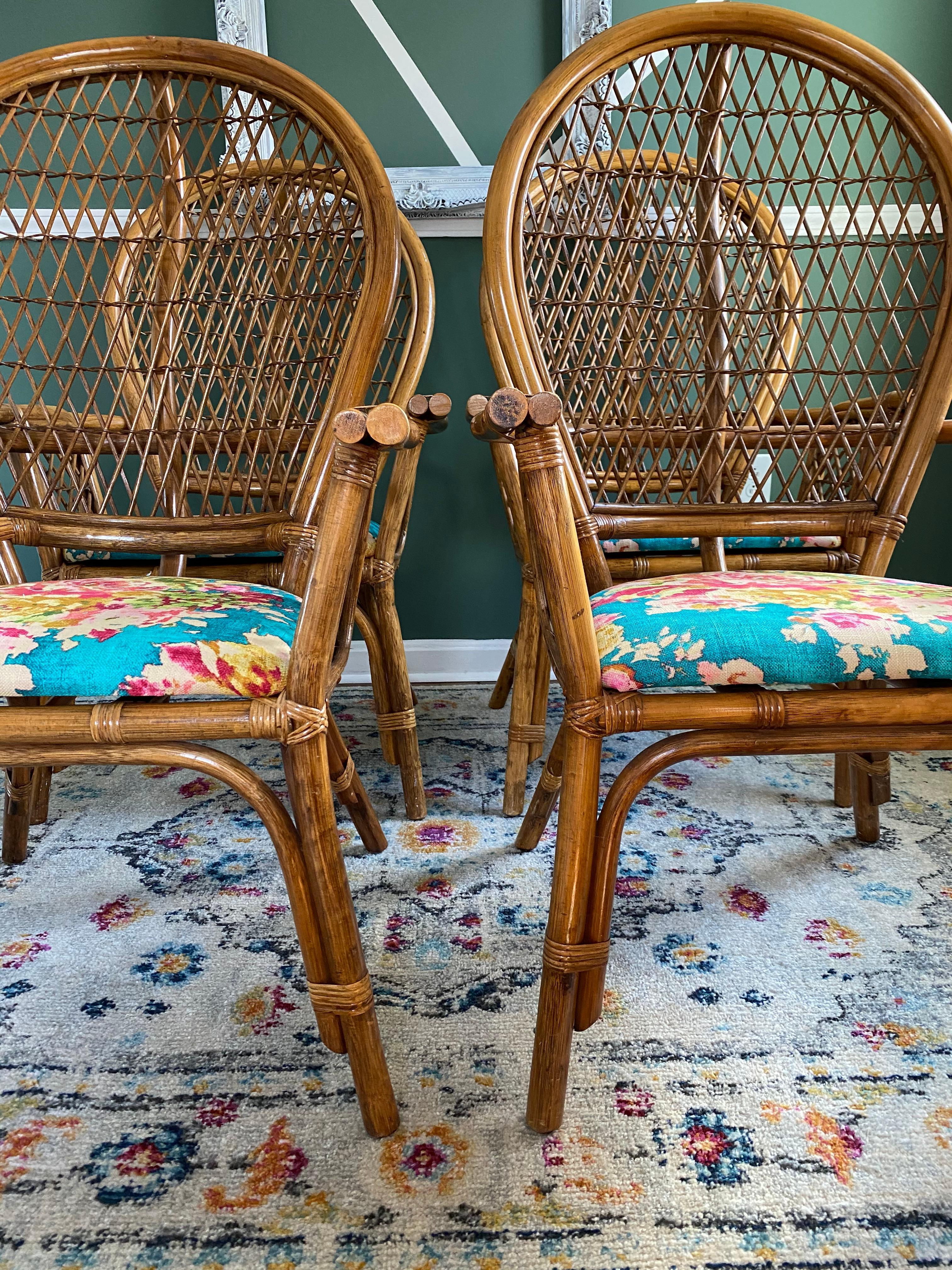 Set of Four Bamboo/Rattan Hollywood Regency Peacock Dining Armchairs In Fair Condition For Sale In Medina, OH