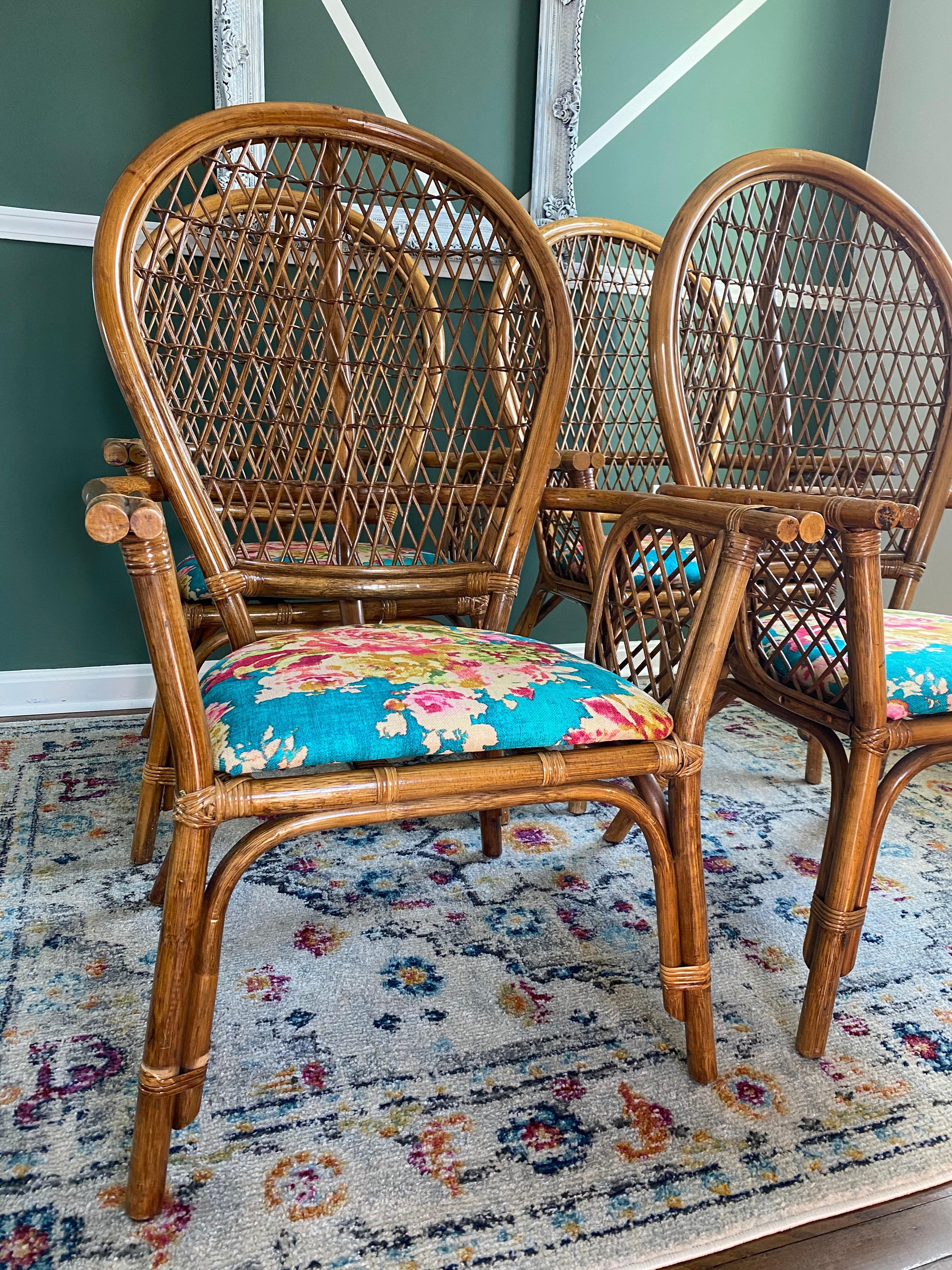 Set of Four Bamboo/Rattan Hollywood Regency Peacock Dining Armchairs For Sale 2