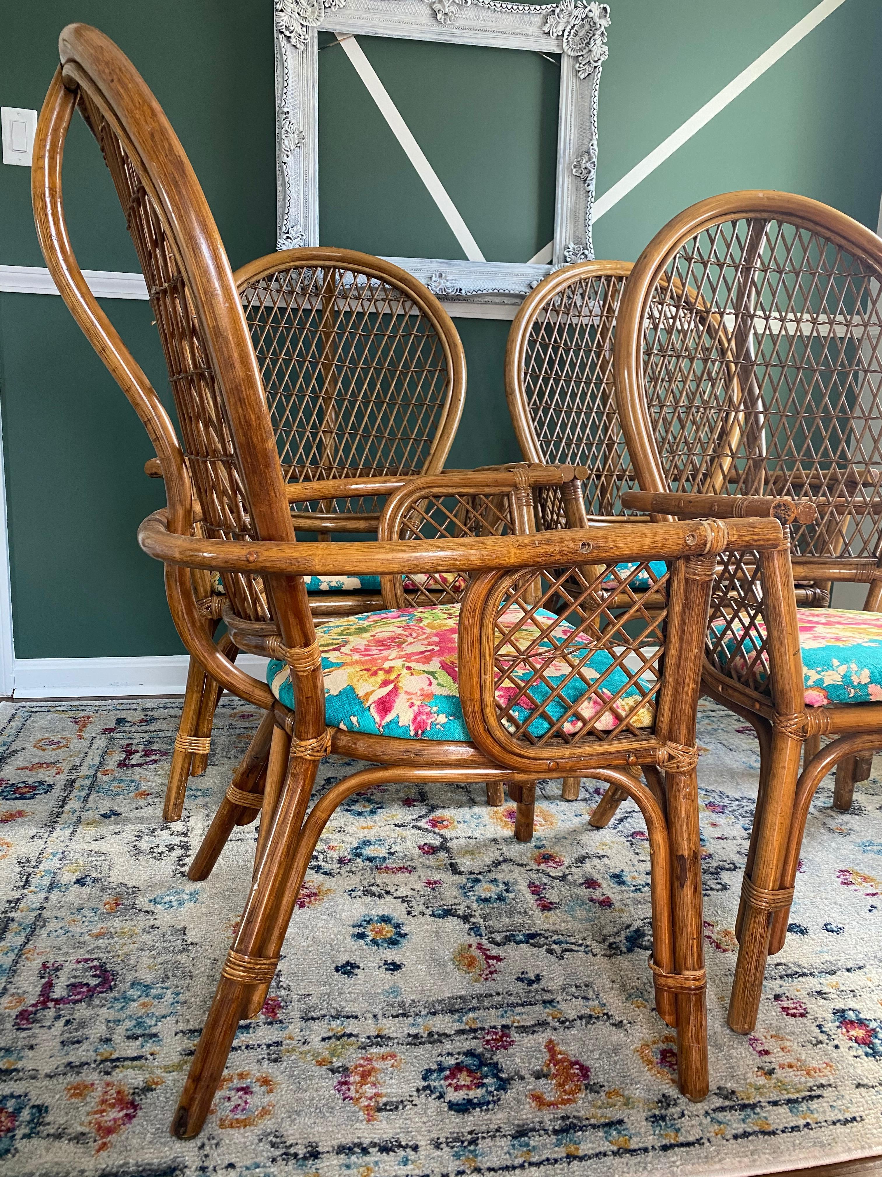 Set of Four Bamboo/Rattan Hollywood Regency Peacock Dining Armchairs For Sale 3