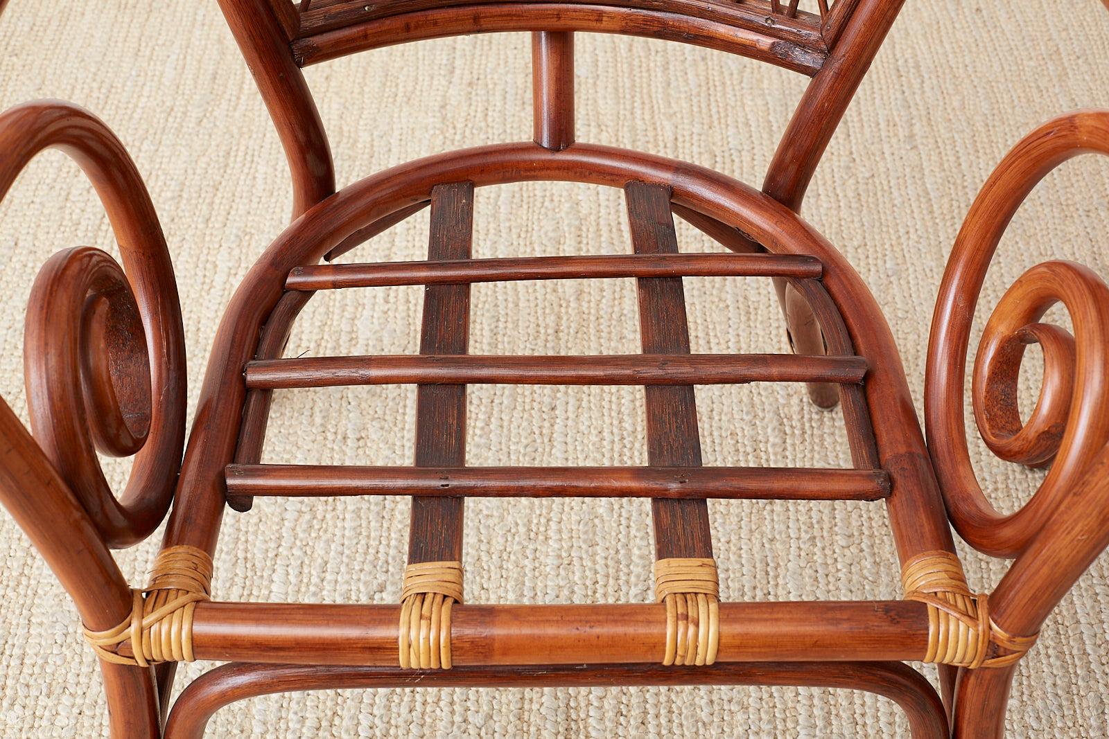 Fabric Set of Four Bamboo Rattan Peacock Dining Armchairs