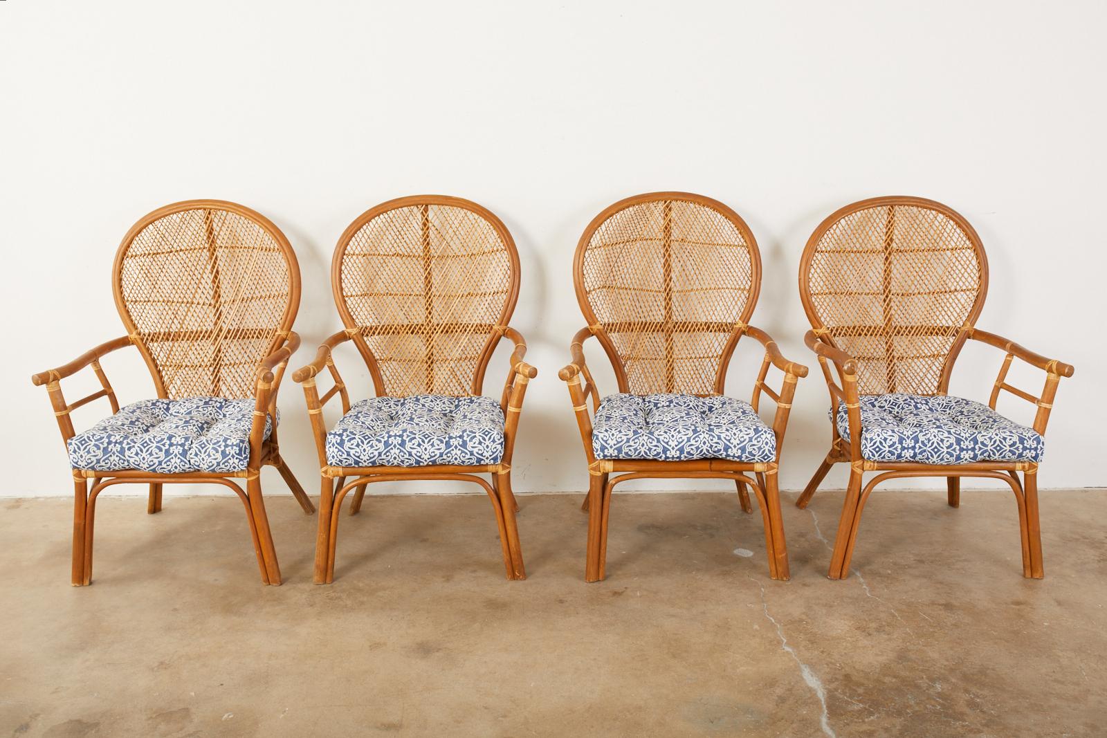 Set of Four Bamboo Rattan Peacock Dining Armchairs For Sale 4
