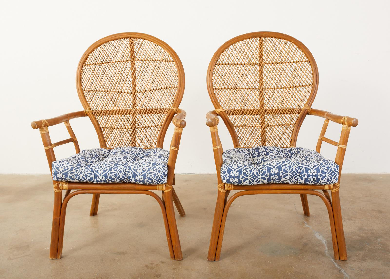 Organic Modern Set of Four Bamboo Rattan Peacock Dining Armchairs For Sale
