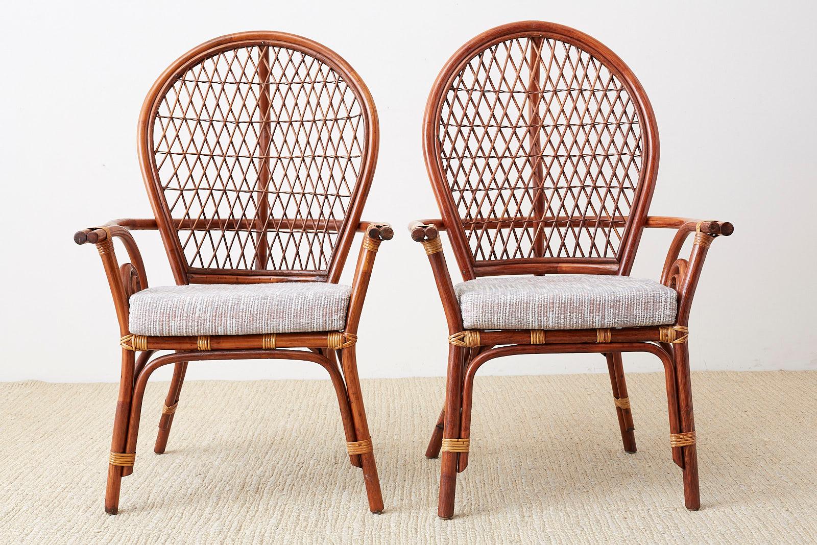 Hollywood Regency Set of Four Bamboo Rattan Peacock Dining Armchairs