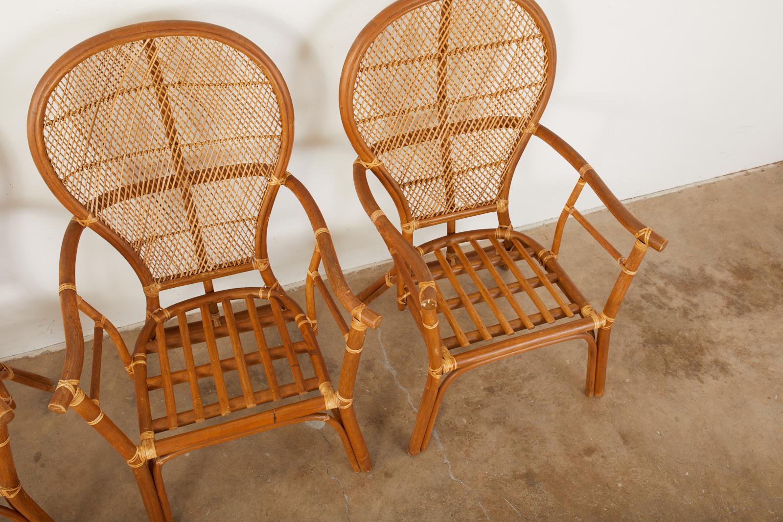 Fabric Set of Four Bamboo Rattan Peacock Dining Armchairs For Sale