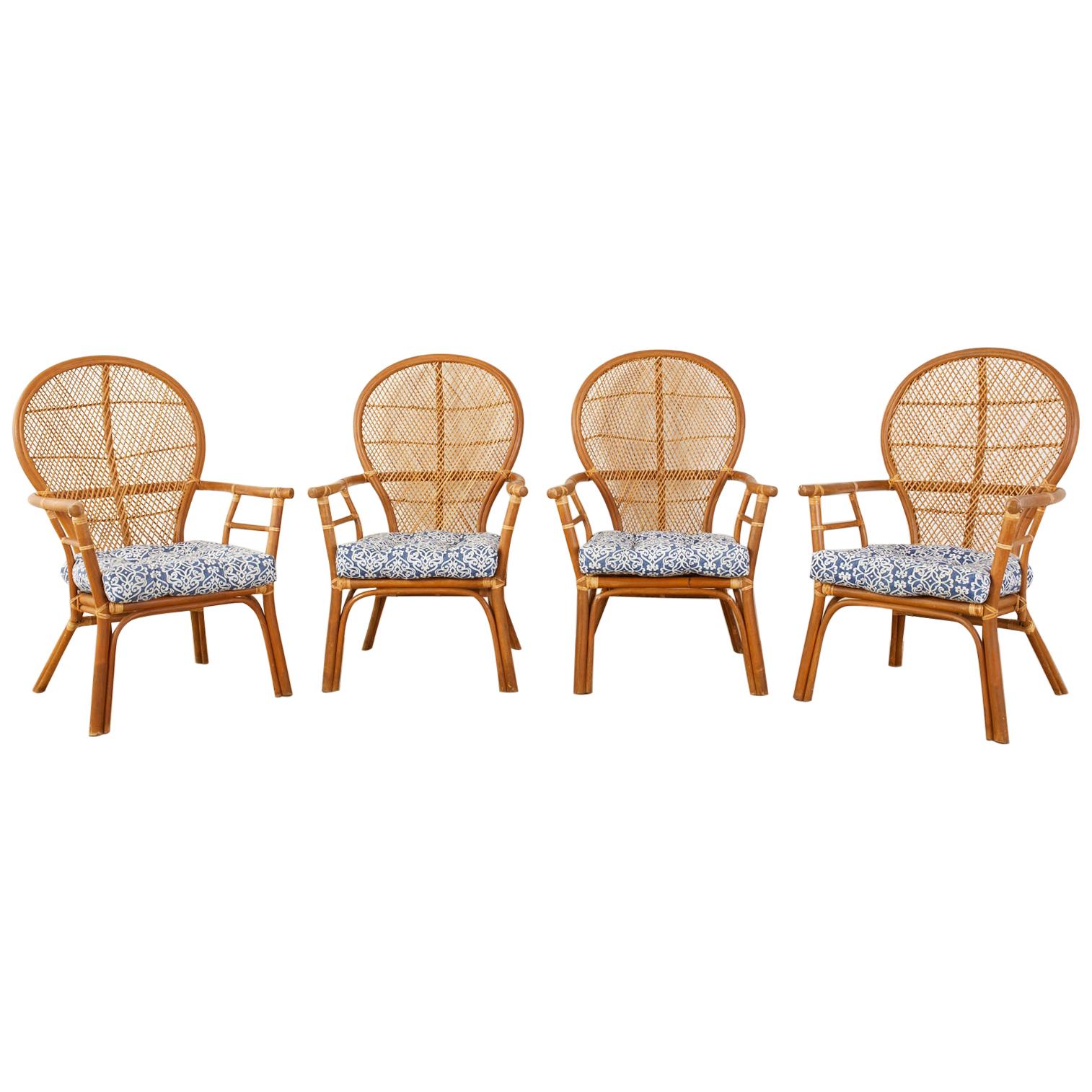 Set of Four Bamboo Rattan Peacock Dining Armchairs For Sale