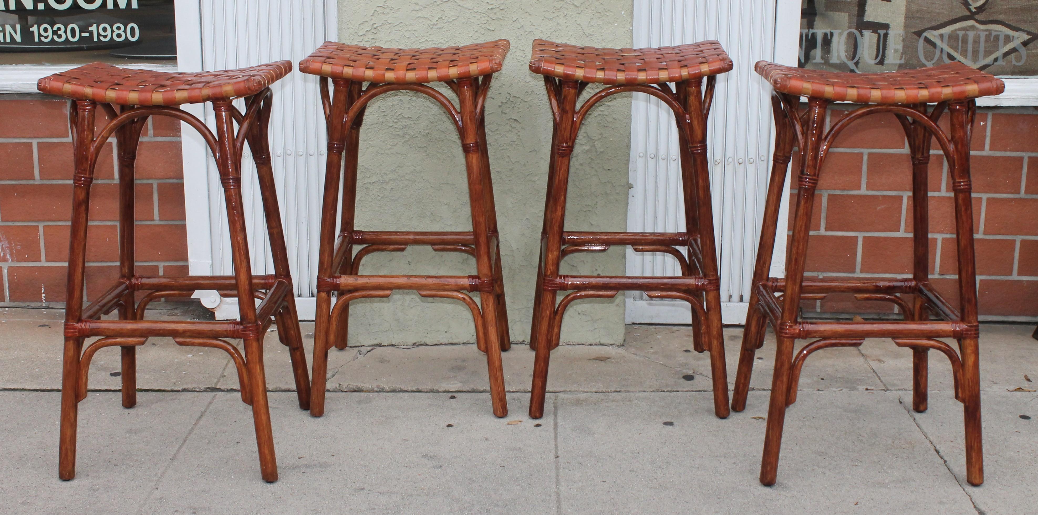 Hand-Woven Set of Four Bamboo Stools